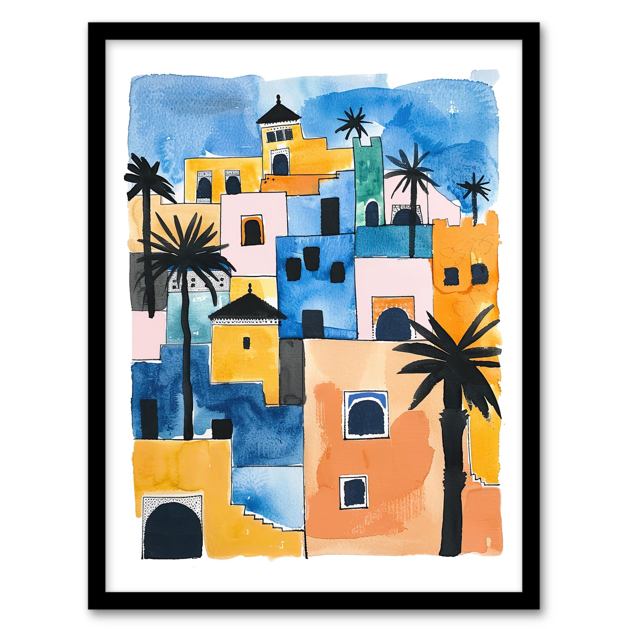 Artery8 Morocco African Cityscape Blue Orange Watercolour Living Room Artwork Framed Wall Art Print A4