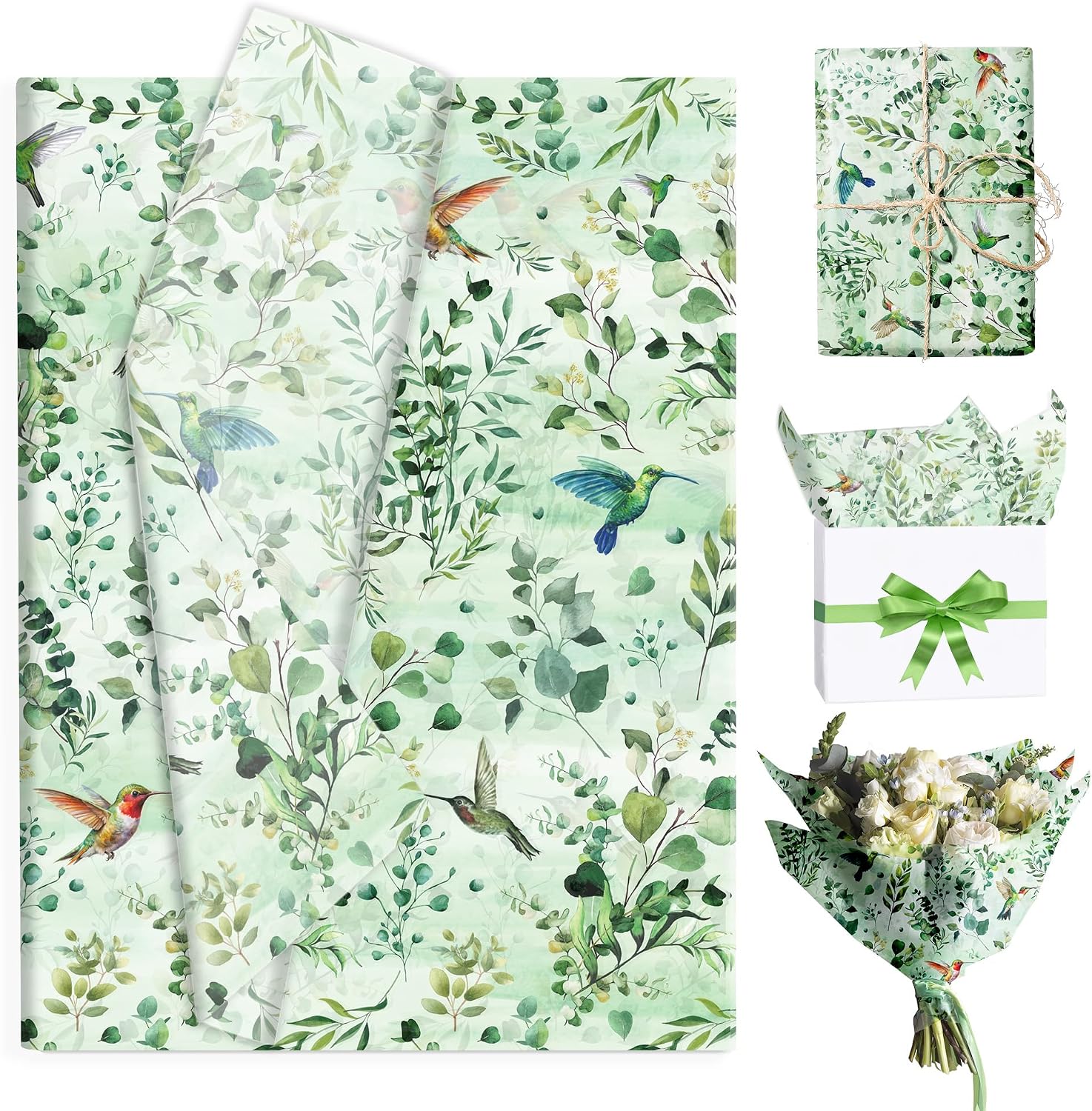 DodelyGz Eucalyptus Leaf Tissue Paper with Hummingbird Design, Green Botanical Pattern, 13.8x19.7 Inch, 60 Sheets
