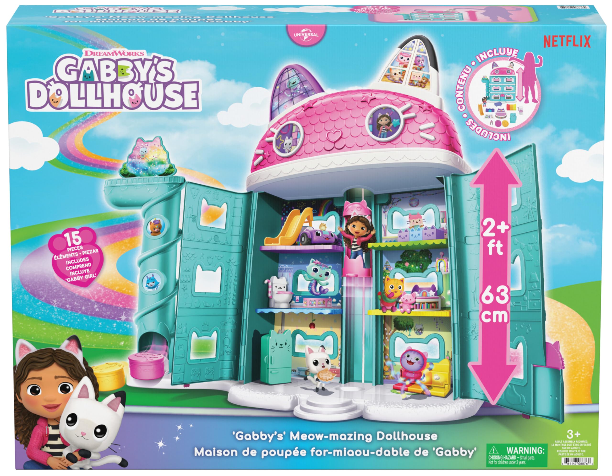 Gabby's Dollhouse Playset GabbysMeowMazing Dllhse I | 63 cm groß, 15-teiliges Set, Mit Gabby & 2 Katzenfiguren, Erweiterbar, Magische Lentikular-Augen