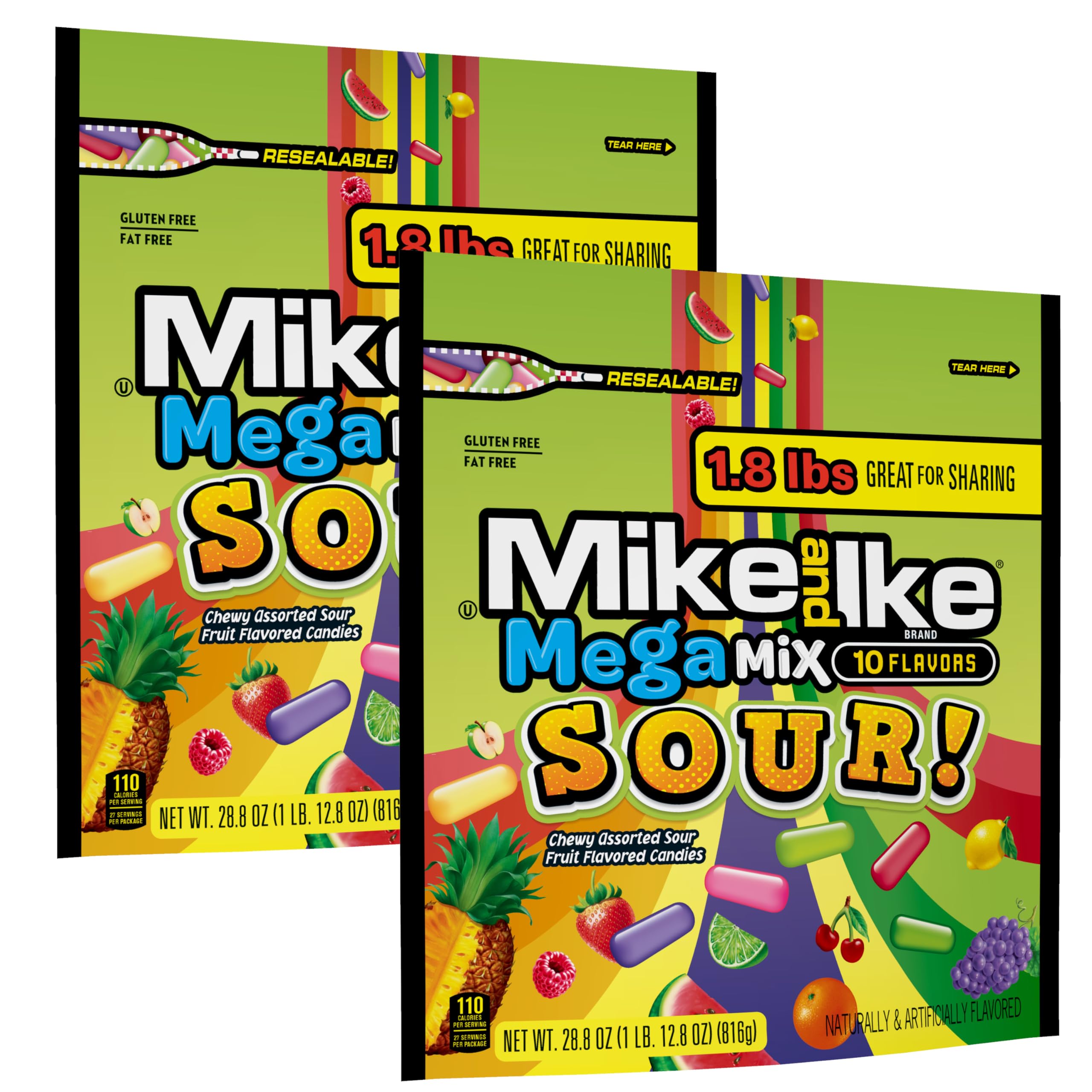 Mega Mix Sour Mike and Ike Candy, 28.8 Ounce Bag (Pack of 2), Chewy Candy, Vending Machine Candy, Gummy Candy Mix, Sour Candy