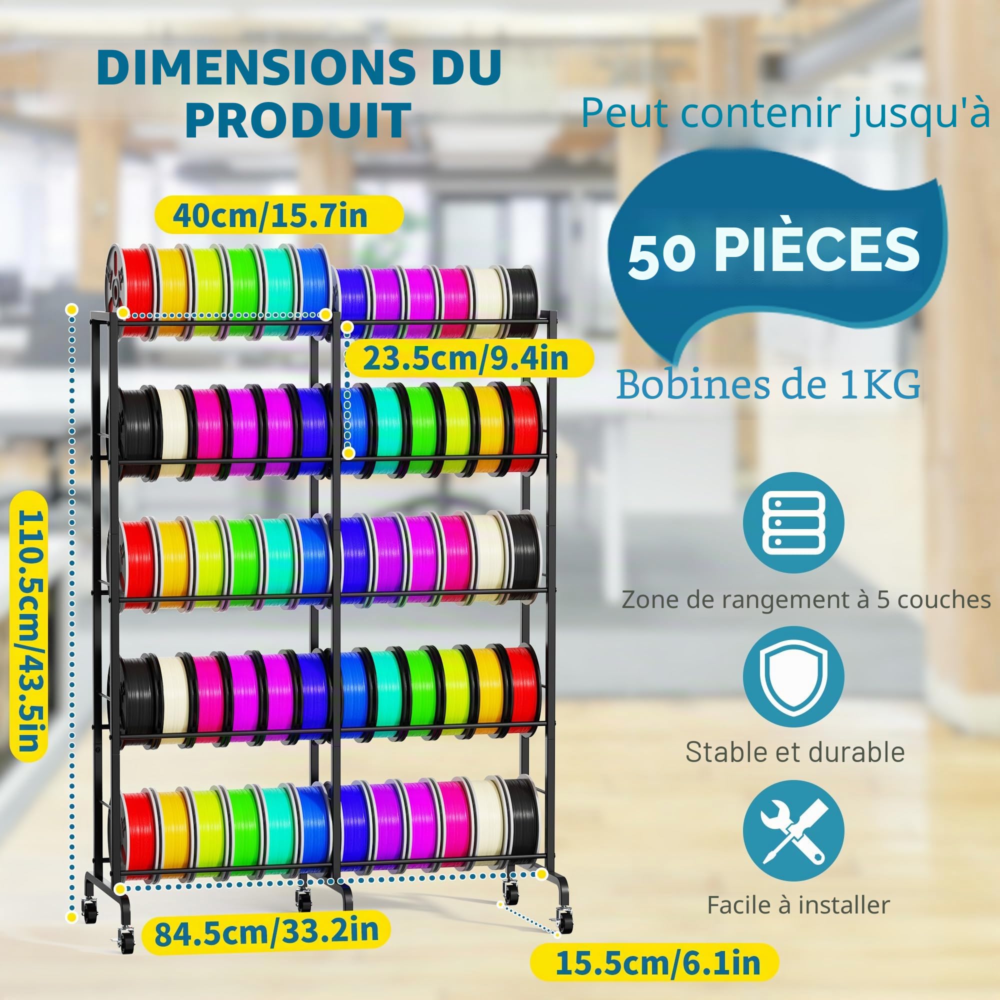 Étagère de rangement à 4 niveaux pour filament d'imprimante 3D, étagère à filament en métal robuste avec roues et pieds réglables, support organisé pour accessoires d'imprimante 3D, peut contenir