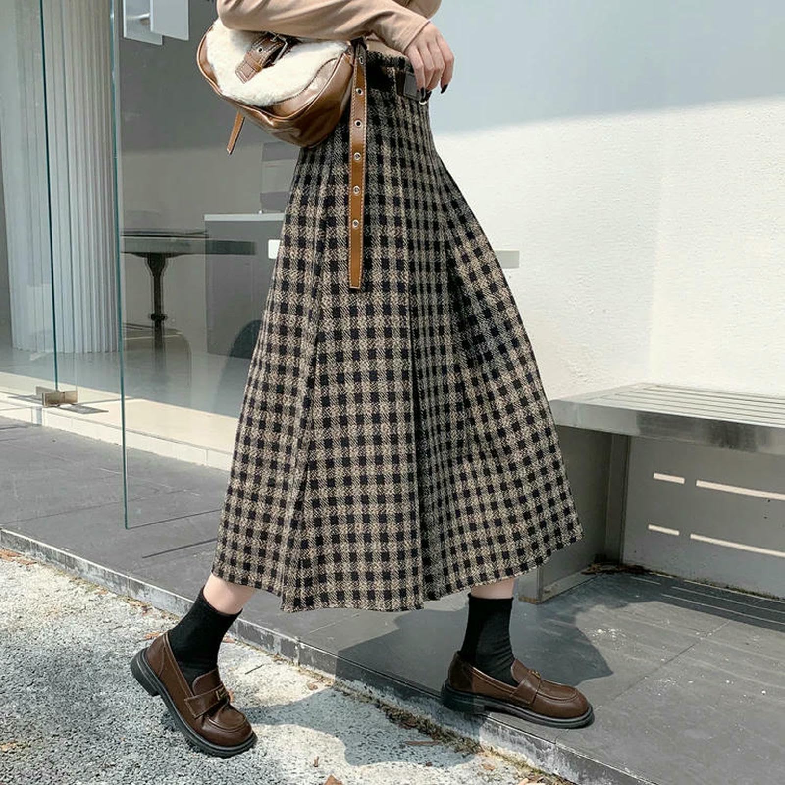 Gonna Lunga Gonne A Trapezio da Donna Vintage Autunno Inverno con Cintura Vita Alta, Larghe Casual Ombrello-Nero-l