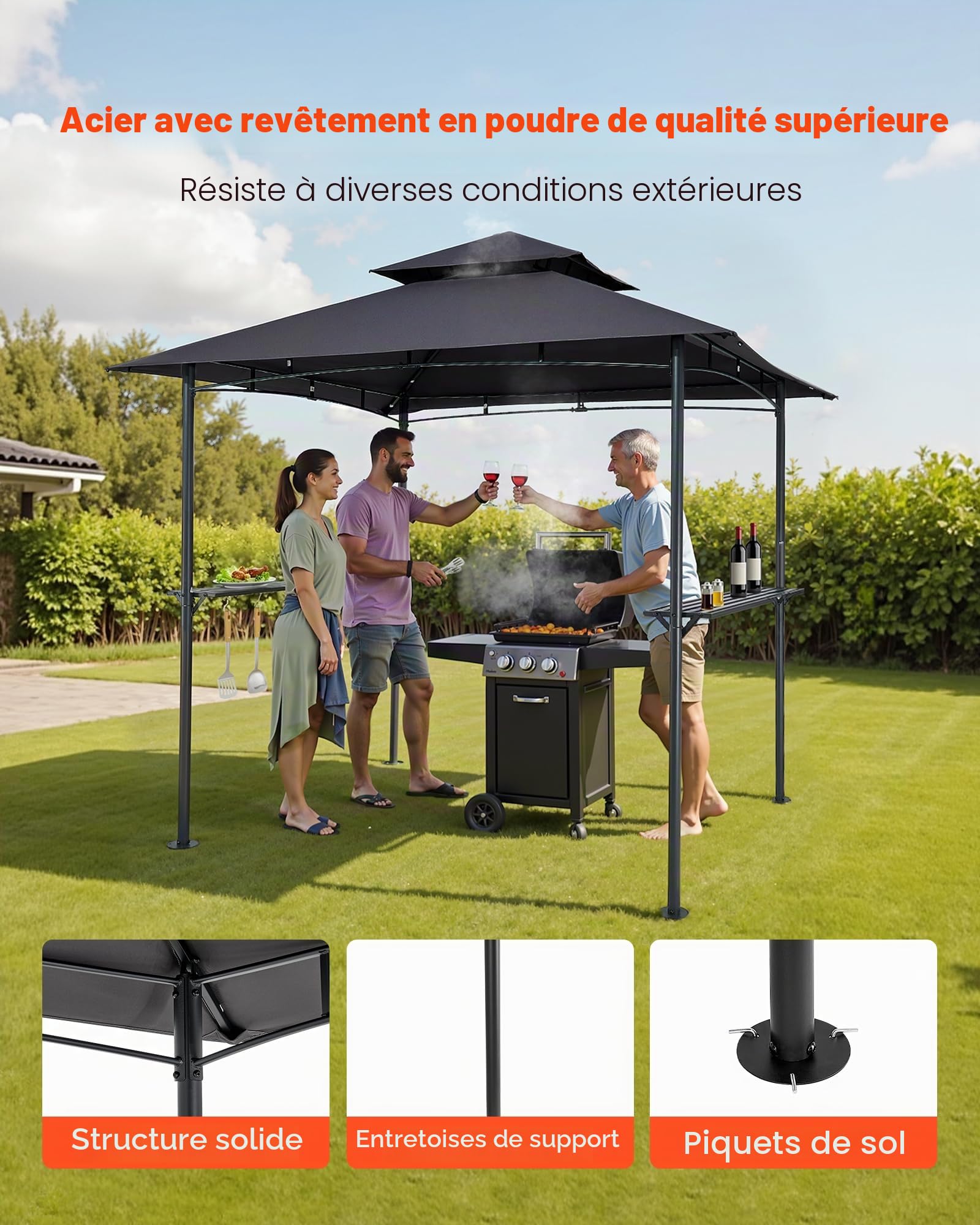 VEVOR Gazebo de Barbecue, 243 x 150 cm, Tonnelle de BBQ Extérieur avec Toit à 2 Niveaux, Abri de Barbecue de Patio en Acier à Revêtement de Poudre, pour Grillades, Fêtes, Pique-niques, Jardin, Patio