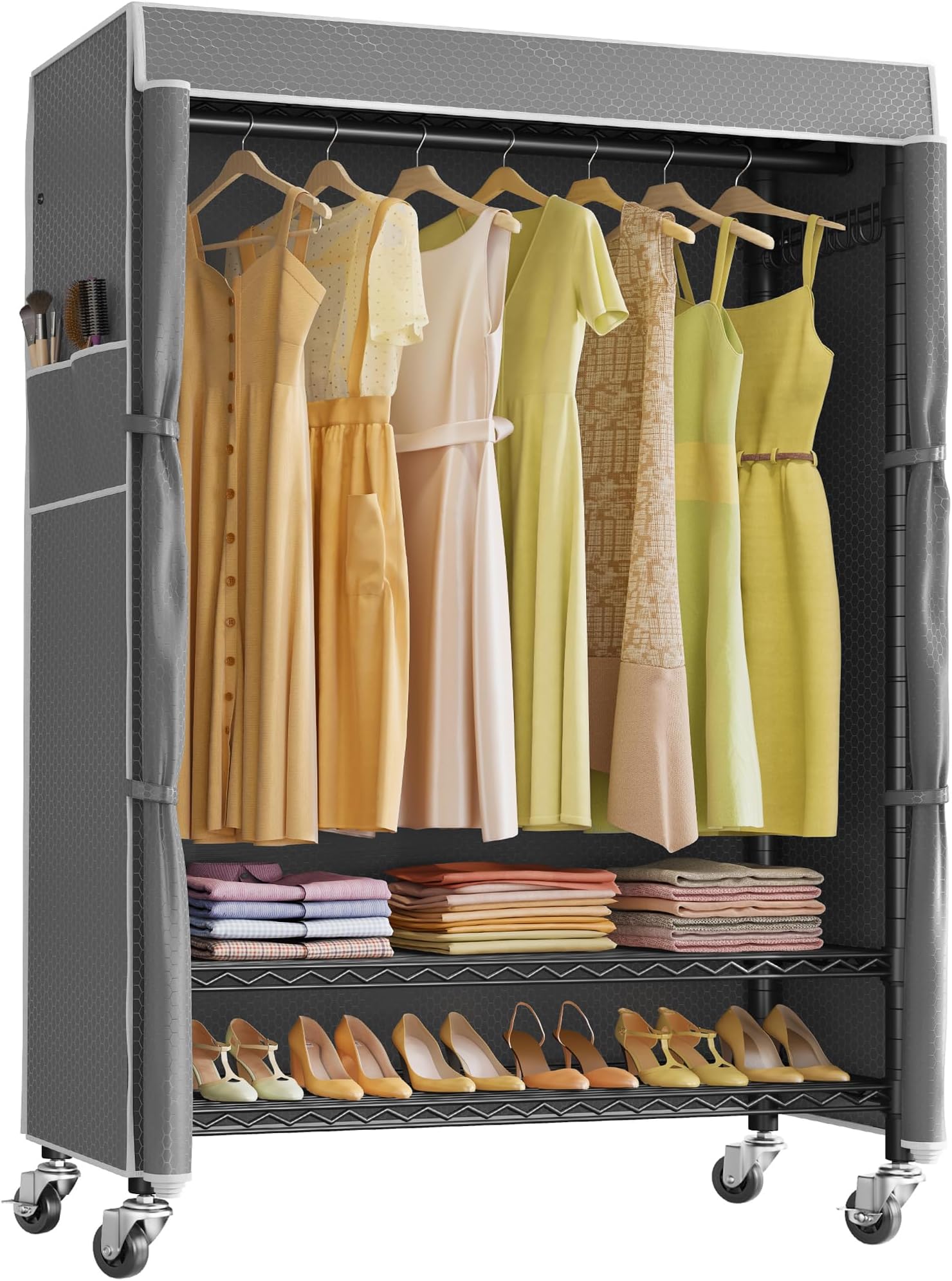 R3C Plus Garment Rack Rolling Clothes Racks with Locking Wheels, Heavy Duty Clothing Rack Portable Closet with Adjustable Shelves & Side Hooks, Black Rack with Grey Upgraded Polyester Cover