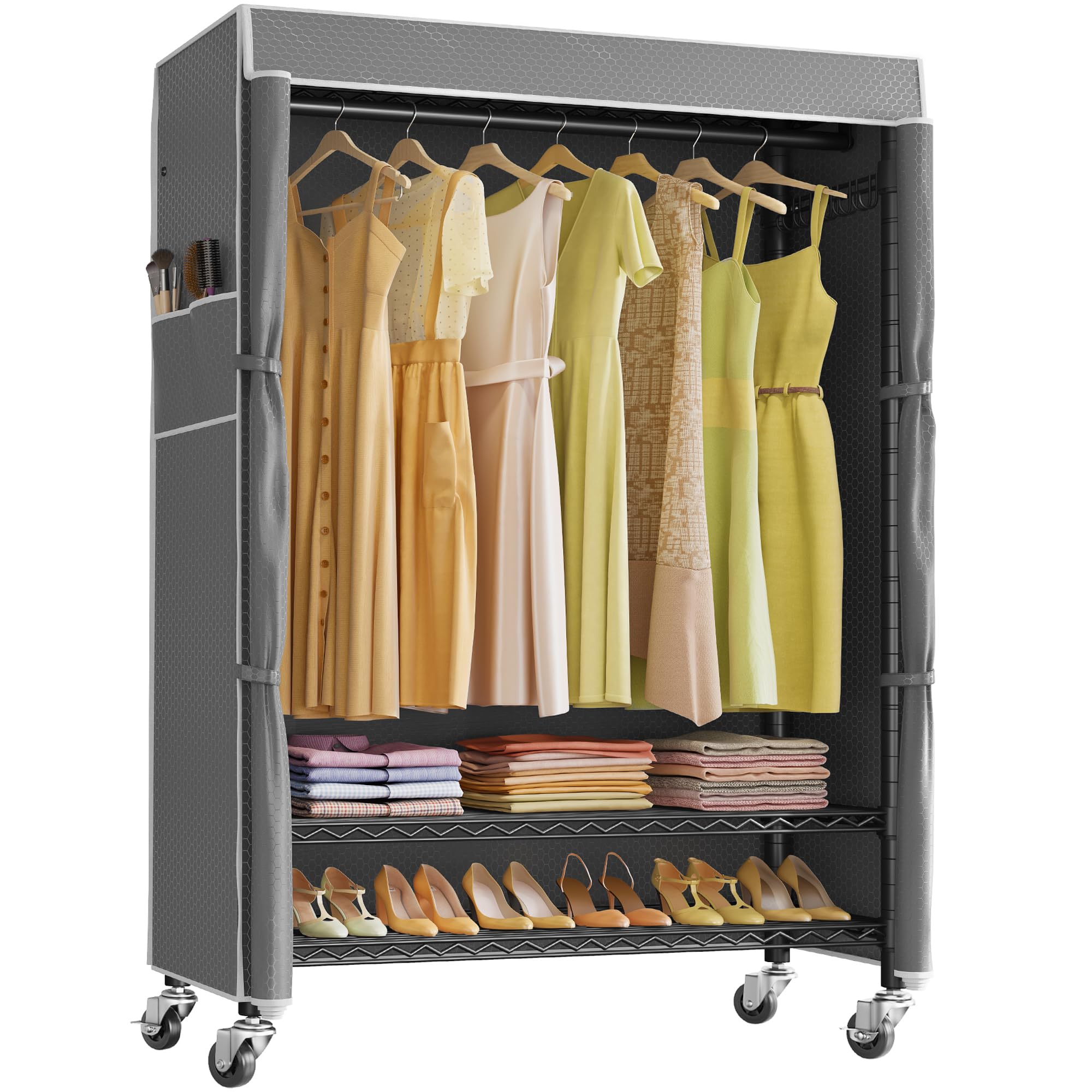 R3C Plus Garment Rack Rolling Clothes Racks with Locking Wheels, Heavy Duty Clothing Rack Portable Closet with Adjustable Shelves & Side Hooks, Black Rack with Grey Upgraded Polyester Cover