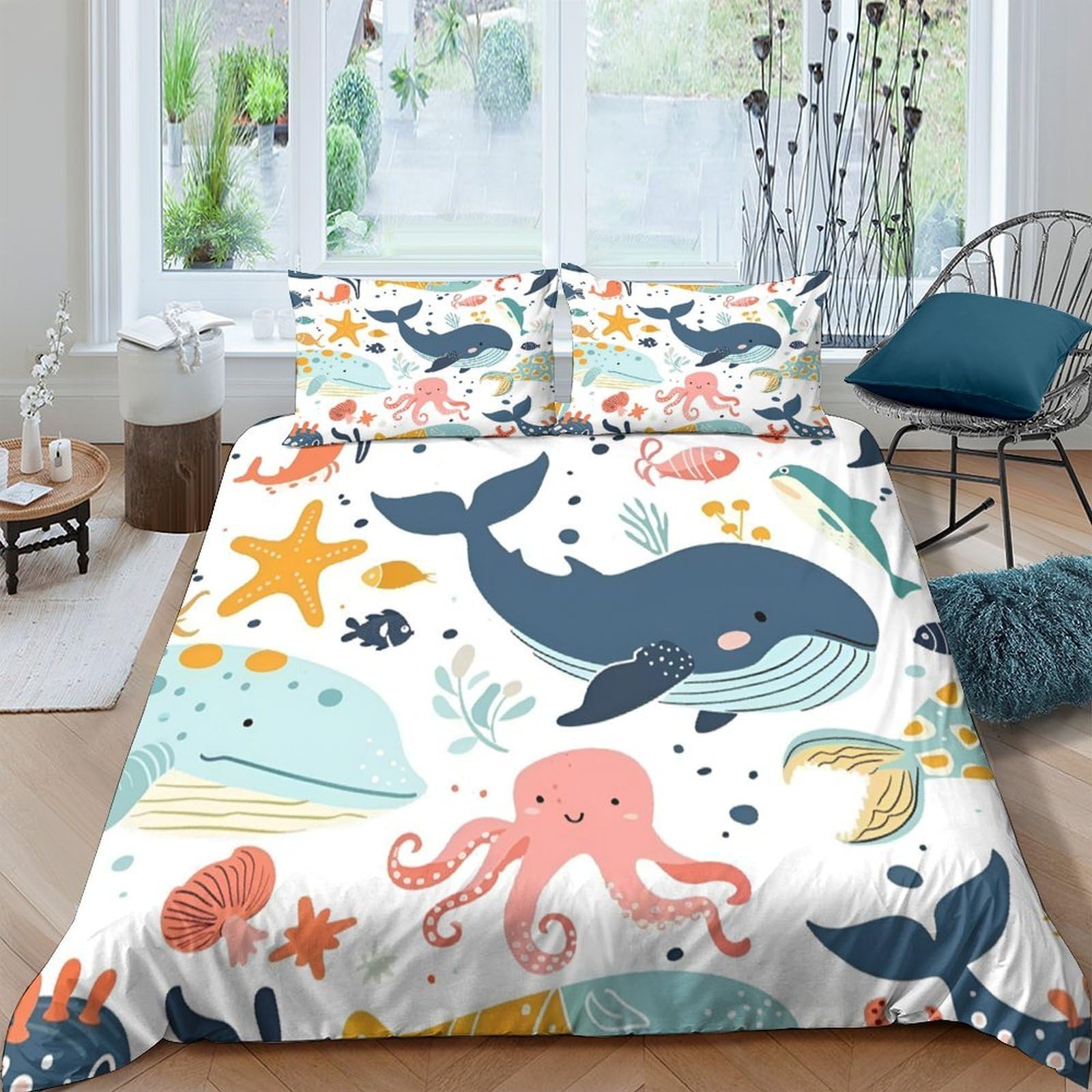 Ctjqhvkz Style-1 3D Printed Ocean Whale Fitted Sheet Microfiber Soft Cartoon Sea Animals Mattress Cover For Bedroom Dorm Easy Care Single（135X200cm）
