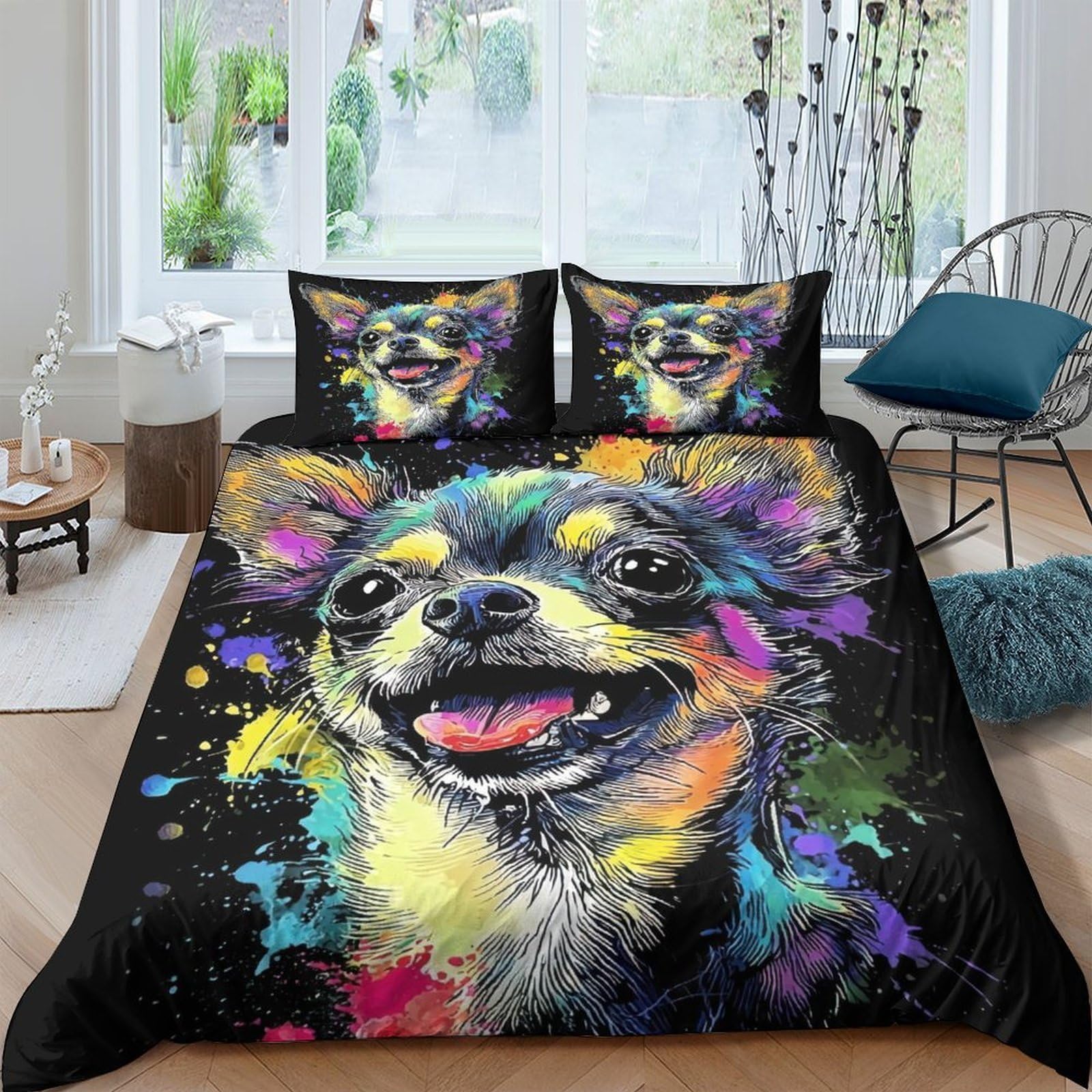 Ctjqhvkz Style-9 3D Printed Colorful Chihuahua Dog Fitted Sheet Microfiber Soft Bedroom Bed Cover Art Decor Mattress Protection Single（135X200cm）