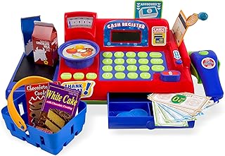 Boley Red Toy Cash Register Playset - 19pc Kids Toy Cash Register with Scanner and Toy Credit Card Reader
