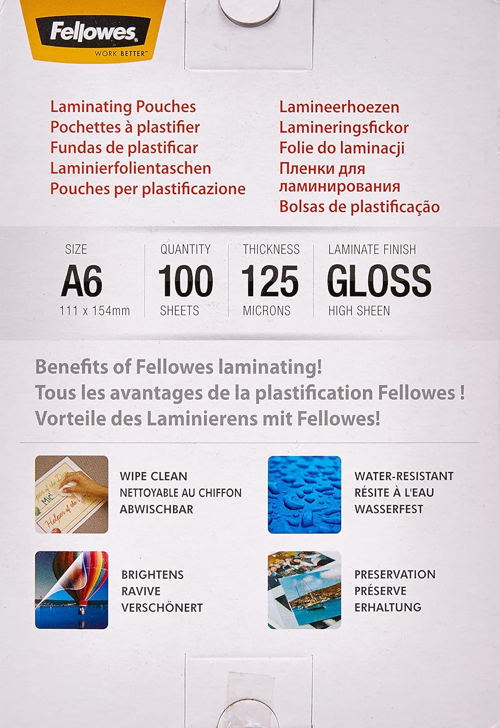 Fellowes 100 x A6 Laminating Pouches 125 Micron (2 x 125 mic) Glossy Hot Laminating Pouches