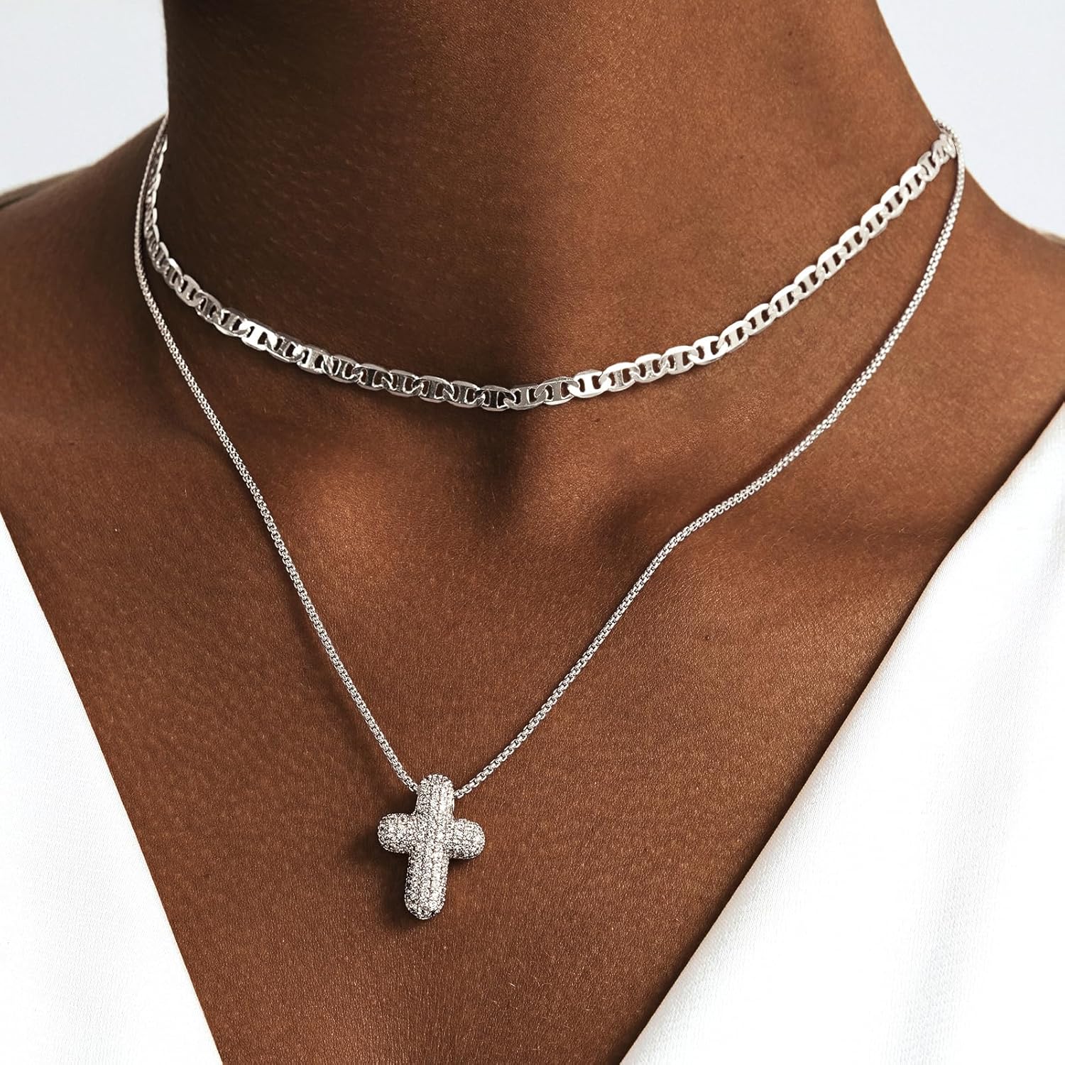 OGD Bubble Cross Necklace for Women 14k Gold Plated Cross Necklace Stackable Dainty Gold Necklace Mariner Chain Necklace CZ Cross Pendant Necklaces Set Simple Jewelry Gift - Image 3