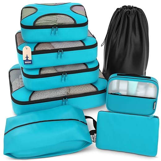 Shacke Premium 8 Packing Cubes Set - Lightweight Mesh Travel Luggage Organizers with Laundry Bag, 8-Piece Suitcase Storage System (Aqua Teal)