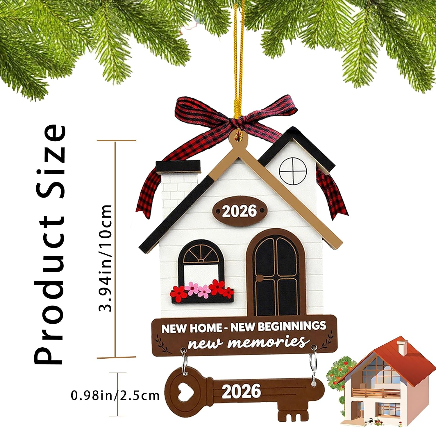 New Home Housewarming Gifts 2026 - Rustic Wood House Ornament with Key Charm & Buffalo Plaid Bow - 3.9" Closing Gift, Present for Homeowners Moving in Decor image 2