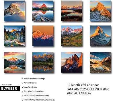 2026 Wall Calendar, Alpenglow Monthly Wall Calendar, 12 x 24 Open,Family Planner Calendar Organizer with Mountain of Sunrise Images