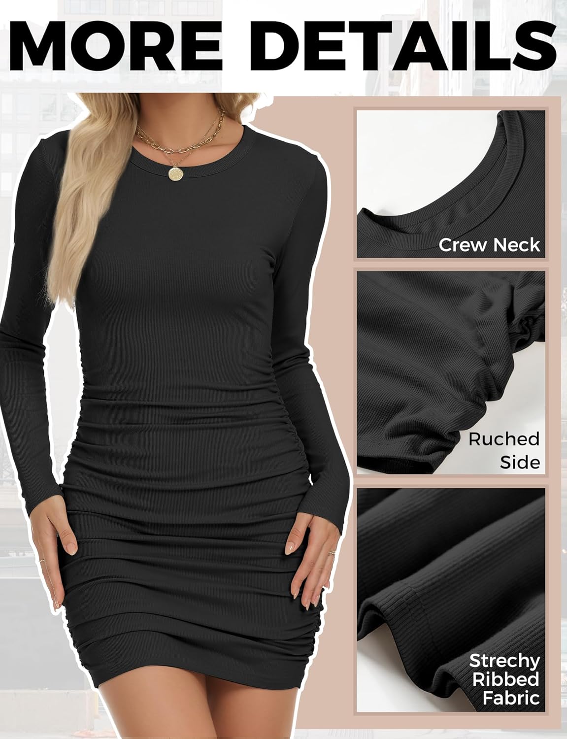 Long Sleeve Dress for Women, Sexy Mini Casual Ruched Bodycon Ribbed Slim Fit Scoop Neck Dress - Image 4