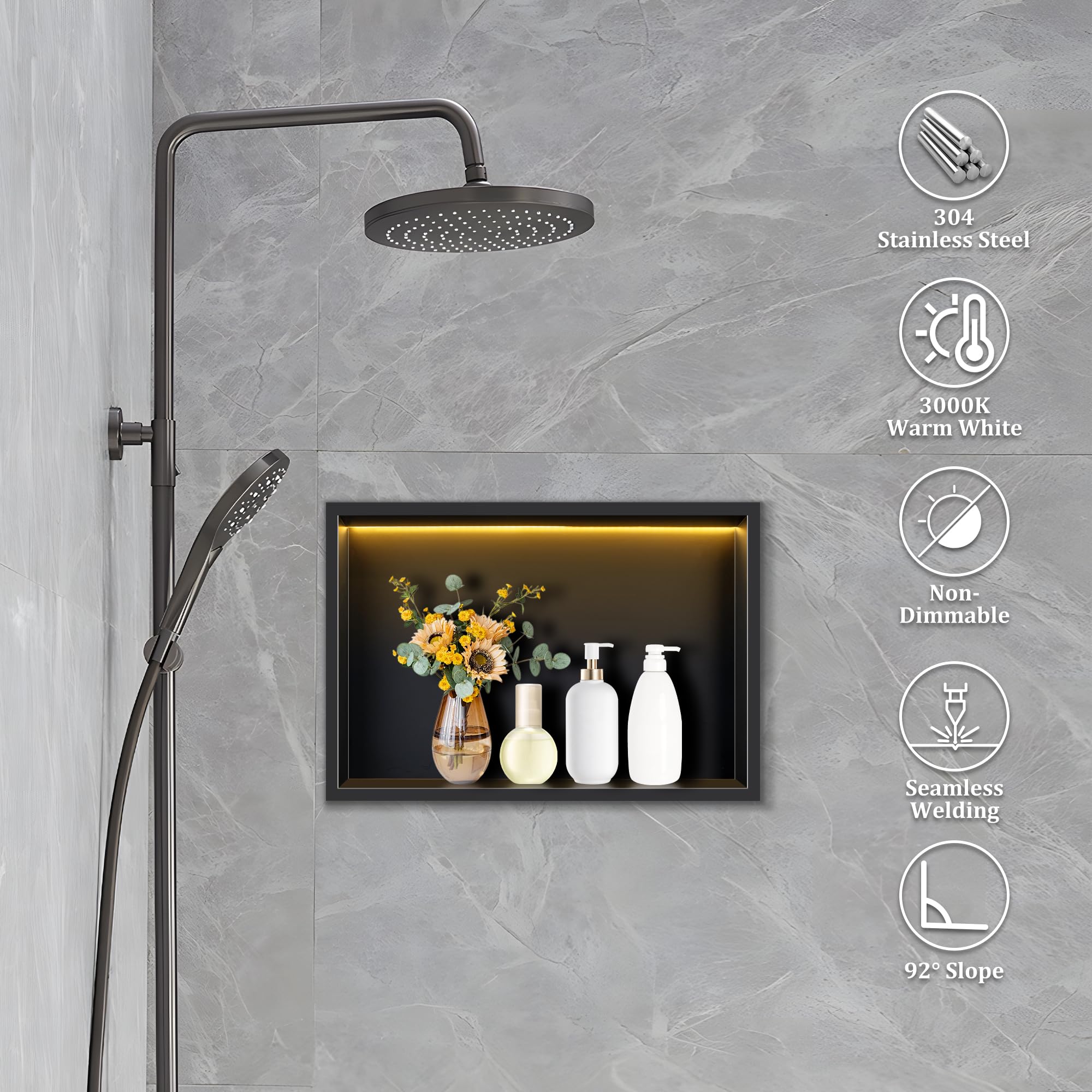 FTL Nicchia da Parete per Doccia in Acciaio Inox con Luce LED 45x30cm,Nero Nicchia da Doccia Incasso con 3000K Bianco Caldo LED,Senza Piastrelle,Impermeabile Nicchia per Bagno