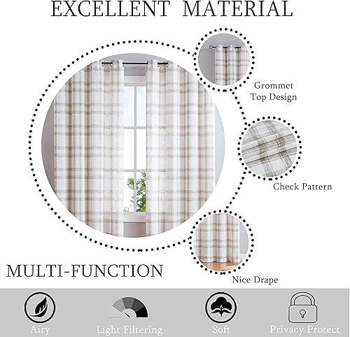 Miniatura 6 de Dos paneles de cortina Randall de lino con diseño geométrico de cuadros para ventana, mezcla de lino, con ojales semitransparentes, estilo rústico,