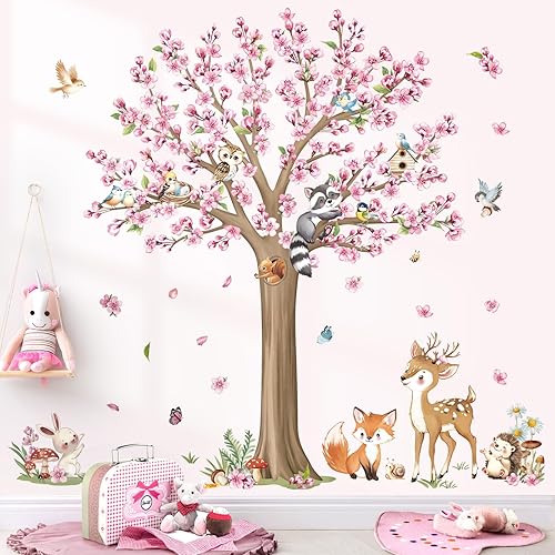 Miniatura 3 de decalmile Calcomanías de pared de árbol de flores grandes de animales del bosque, flores de cerezo, ciervo, zorro, calcomanías de pared para
