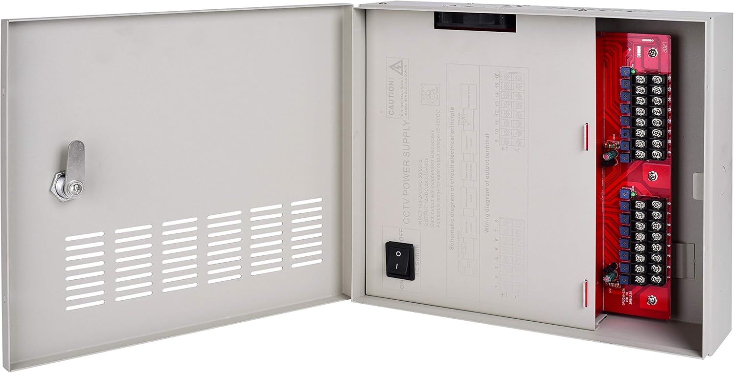 EVERSECU Fuente de alimentación CCTV 4K 16 canales ajustable DC11V  DC15V Fusible de reinicio de salida de 32 amperios con circuito de interferencia