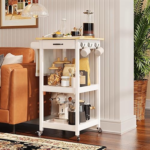 Gizoon Carrito de isla de cocina rodante con cajón superior, mesa de madera, isla de cocina pequeña con 2 estantes abiertos, soporte para microondas