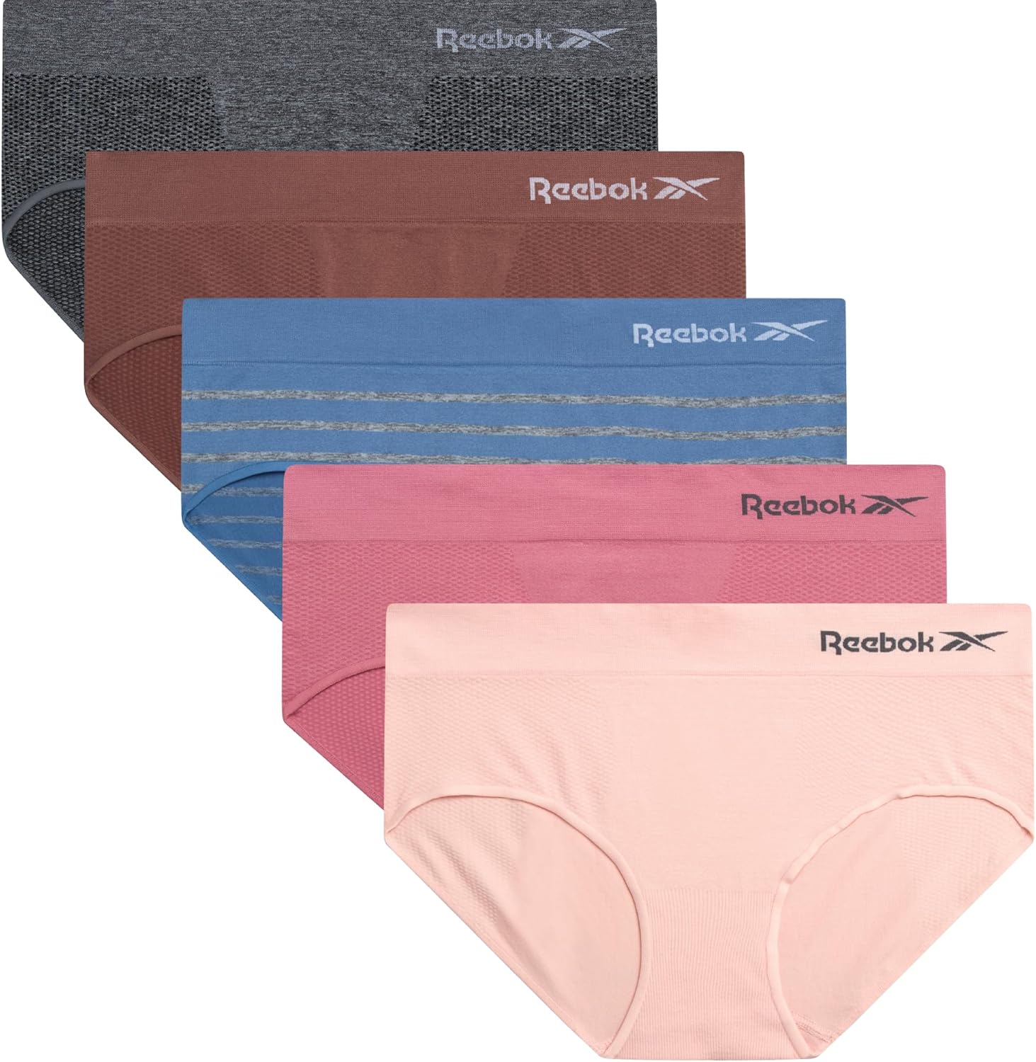 Reebok Hipster Panties for Women - 5 Pack Stretch Performance Seamless Underwear with Relaxed Tag-Free Waistband (S-XL)