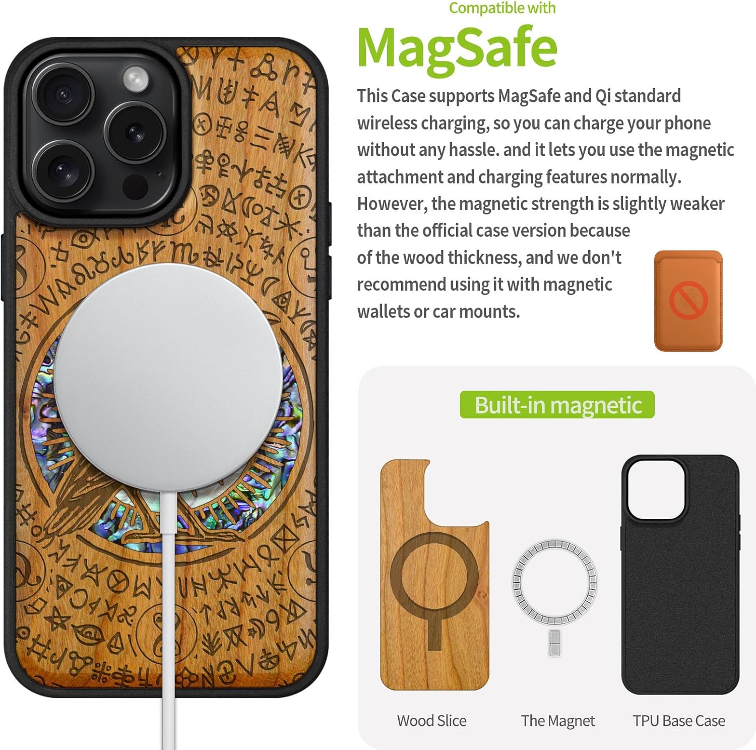 Carveit Magnetic Case for iPhone 16 Pro Max Case, Wood Artisan Engraved & Handmade Shell Inlaid, TPU Shockproof Cover, Compatible with MagSafe Wireless Chargers (Haloed Crow) Cherry