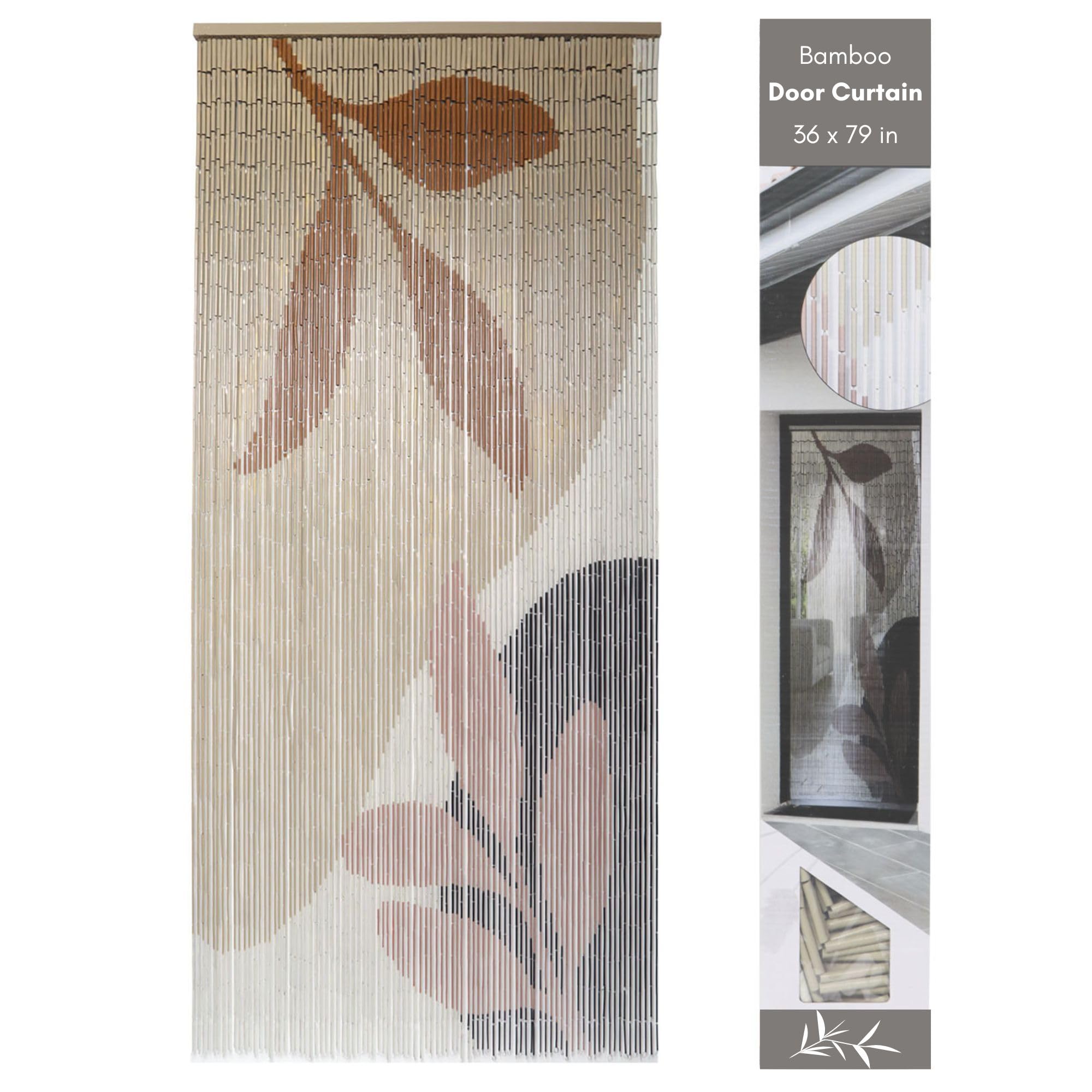 Decorative Beaded Door Curtain - Beige Autumn Leaves Design, 36 x 79 Inches, Natural Bamboo Beads for Doorways, Room Dividers and Home Decor - Handcrafted, Easy to Install