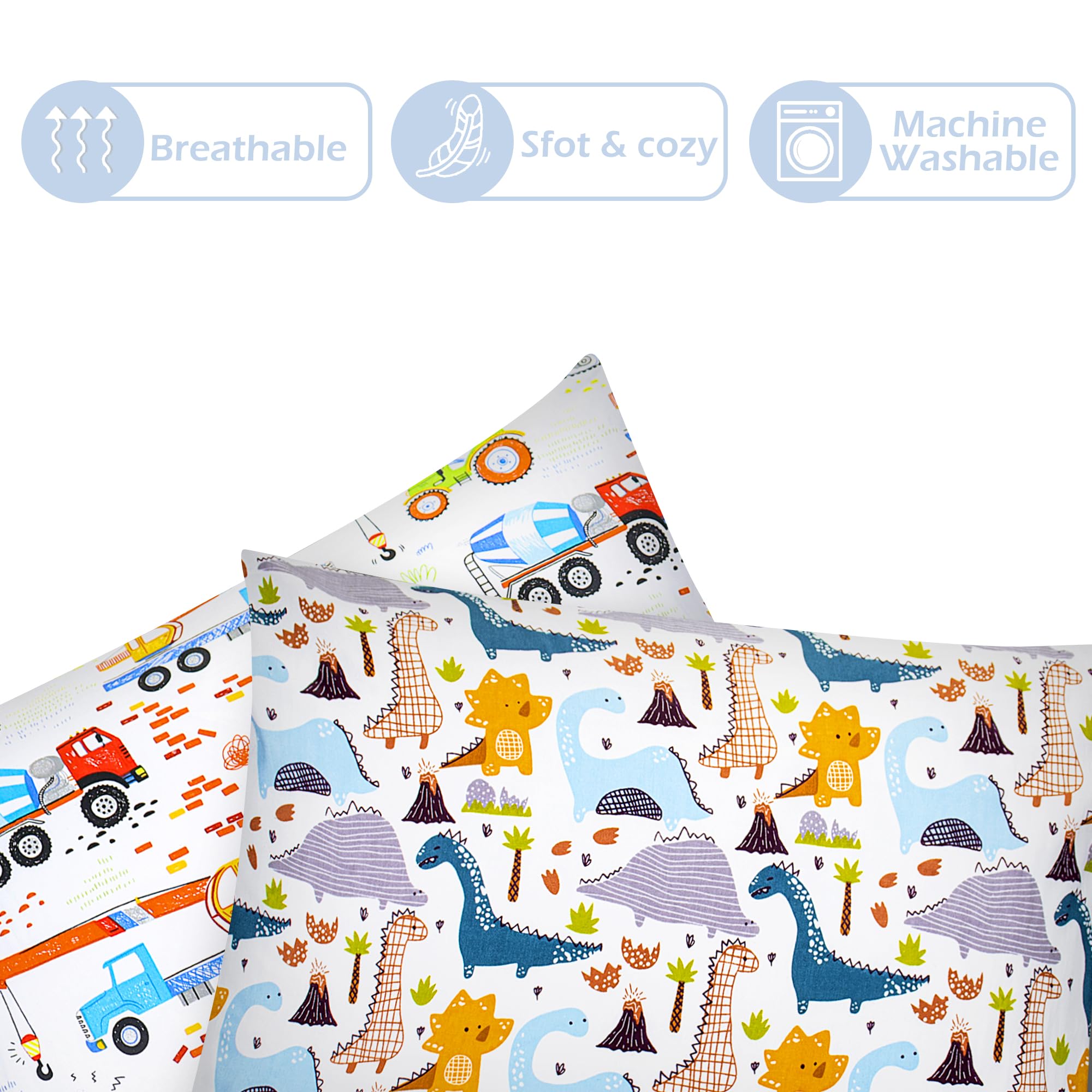 Confezione da 2 federe per cuscino in 100% cotone 40 x 60 cm motivo dinosauri veicoli da costruzione regali per bambini