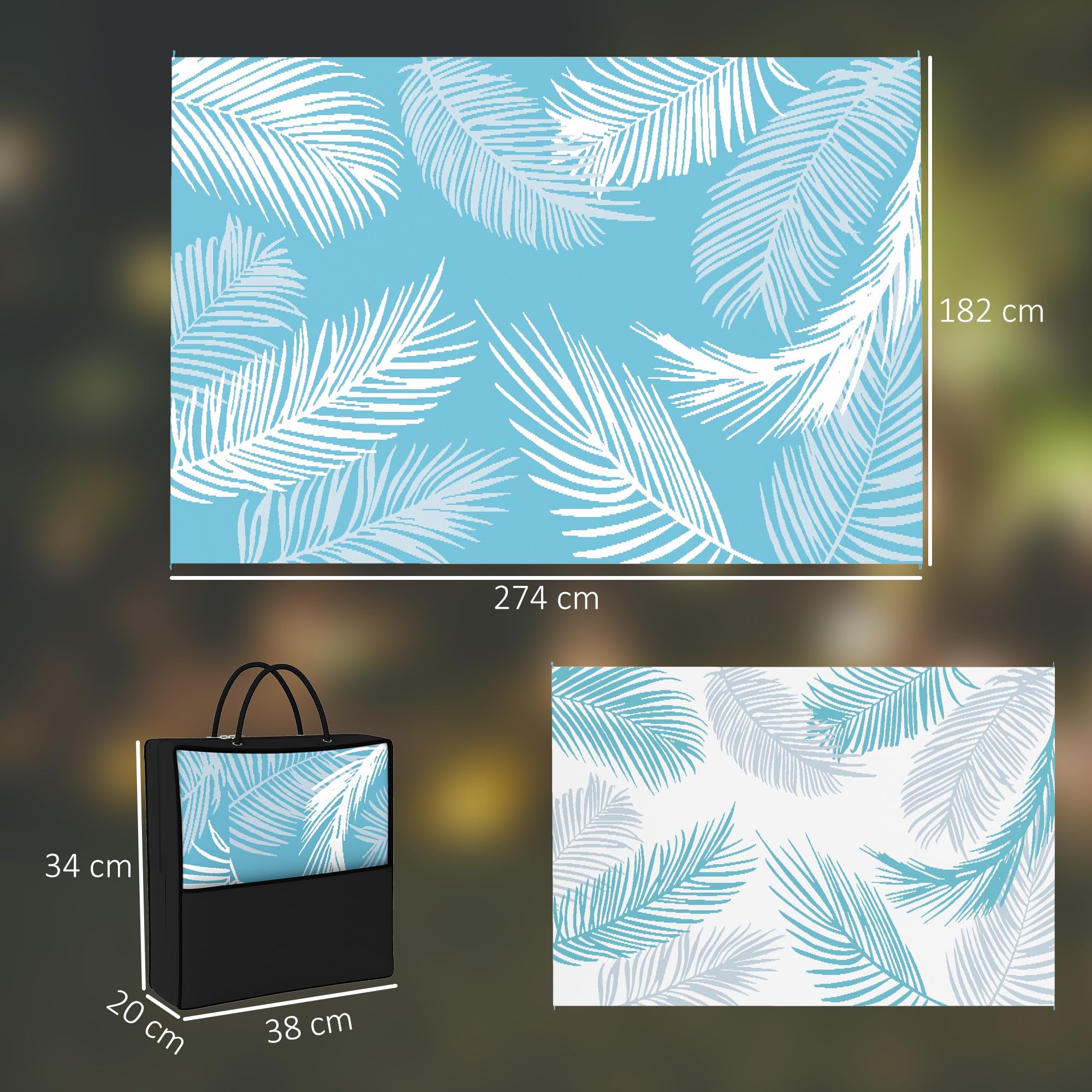 Outsunny Tapis d'extérieur réversible 274x182 cm, Tapis de Sol en PP, Portable et résistant aux intempéries, Sac de Transport Inclus, pour terrasse, Patio, Balcon, Bleu