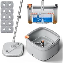 Spin Mop and Bucket Set with Self Separation Dirty and Clean Water System, Self Wringing 360 Rotating Square Mop Head for Home Floors Cleaning 1.0 Mop and Bucket Set 2 Pads