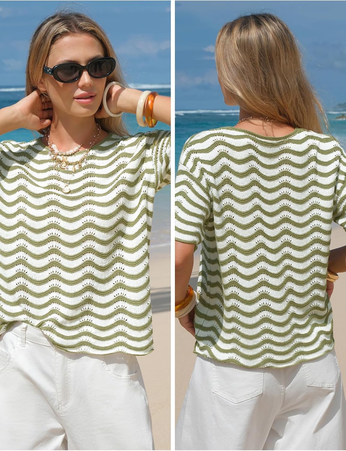 EXLURA Women's Summer Striped Crochet Tops Short Sleeve Knit Boho Top Hollow Out Beach Sweater Lightweight Vacation Shirts