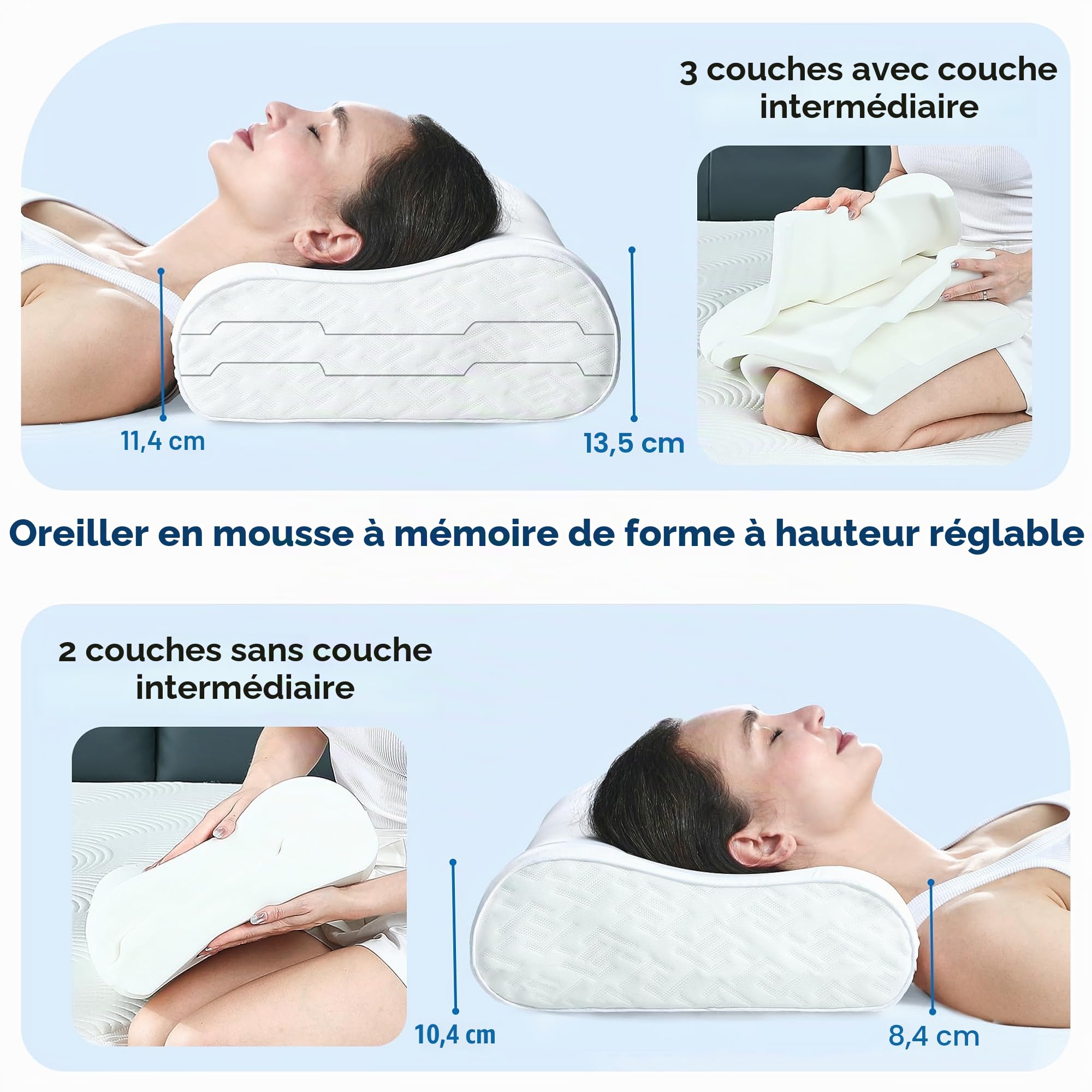 Elviros Oreiller Cervical Ergonomique à Mémoire de Forme, Hauteur Réglable