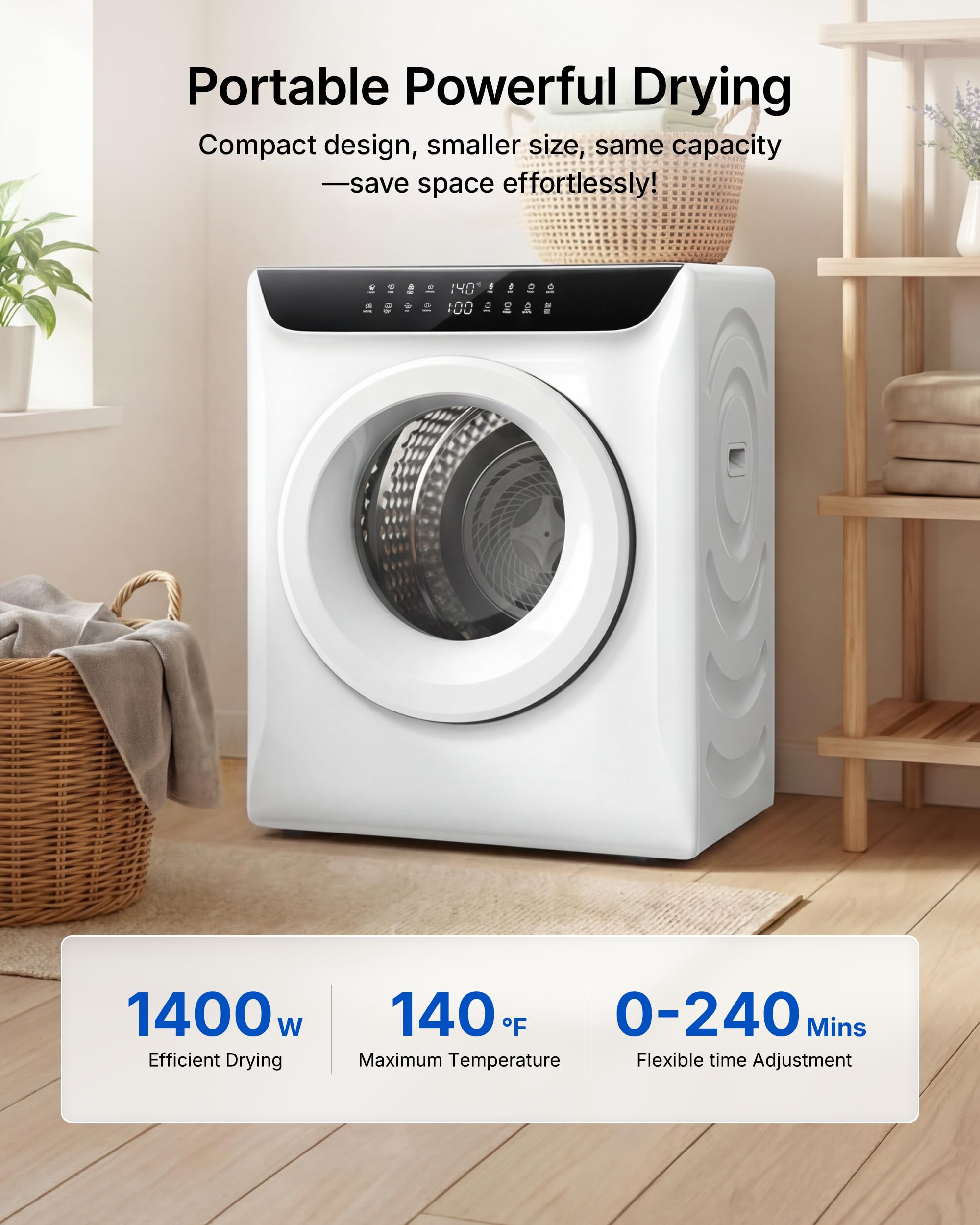 3.5 Cu.Ft Portable Dryer for Clothes, 8 Drying Programs, 1400W Clothes Dryer with LED Control Panel, 120V Dryer, Delay Timer, Anti-Crease, Portable Dryers for Laundry, Apartment, Dorms, Home - 2