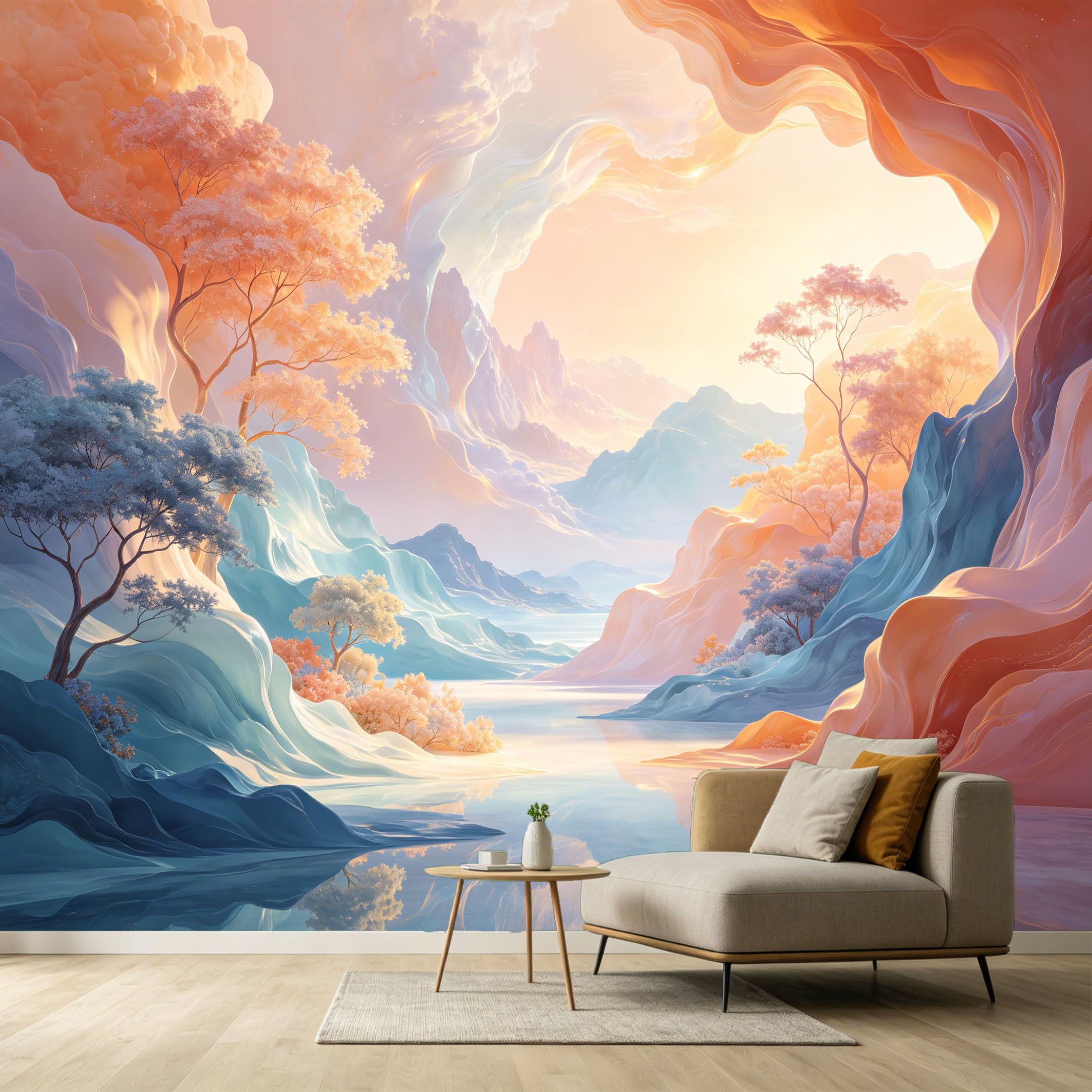 Custom Size Wall Murals Abstract Landscape Watercolor Mountain Lake SelfAdhesive Wall Fabric Removable Large Wallpaper for Photo Living Room Interior Decor Wall Art
