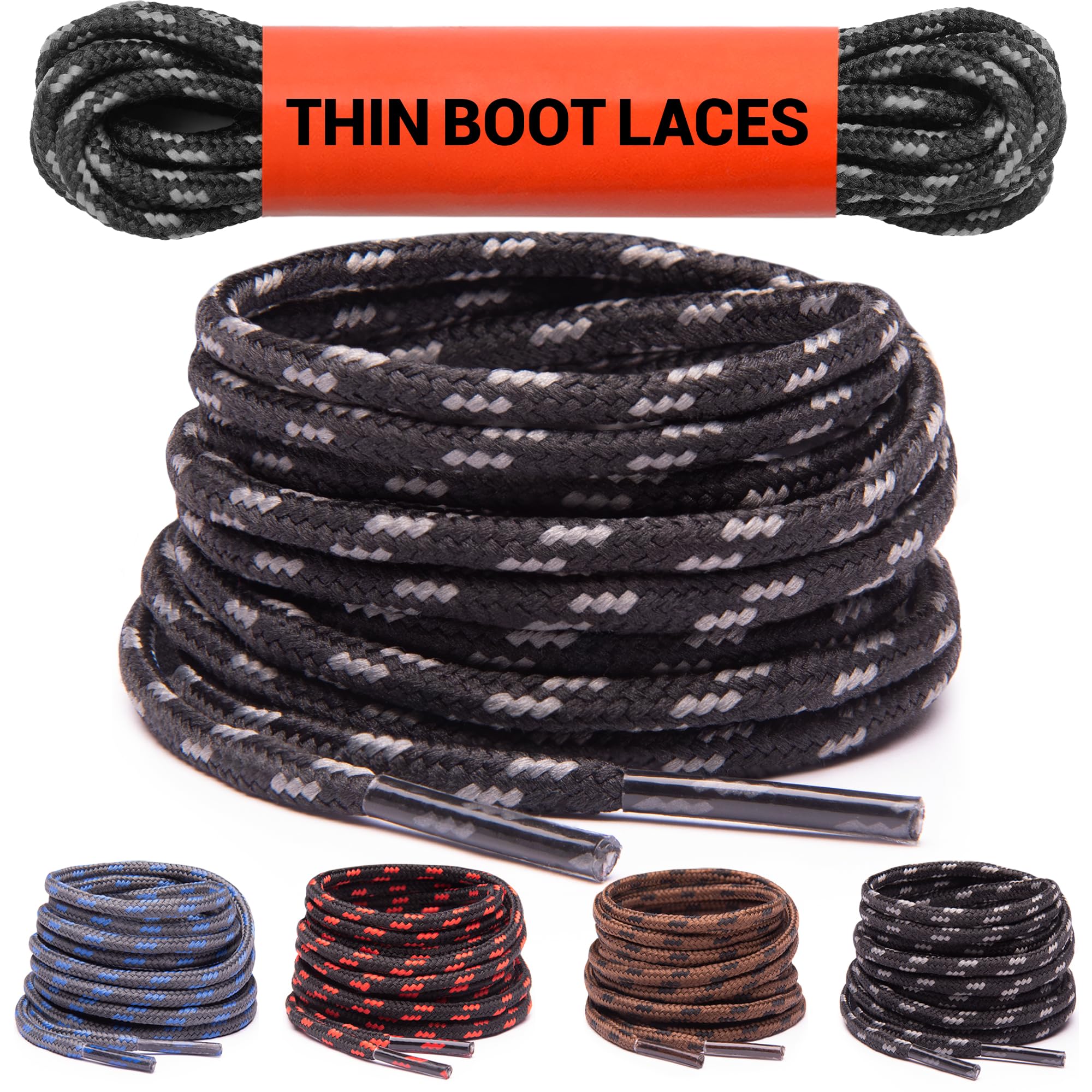 Thin Round Boot Laces for Work Boots & Hiking Shoes [1 Pair] Heavy Duty Shoelaces, 1/8″ Diameter