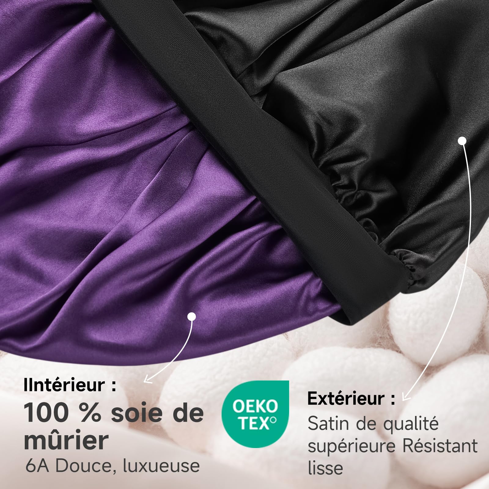 Umisleep Bonnet Soie Cheveux Nuit avec Doublure Soie de mûrier 22 Momme – Double Couche, Grande Taille pour Cheveux Longs ou bouclés, Bande Large réglable, Ultra-Doux, Noir+Violet