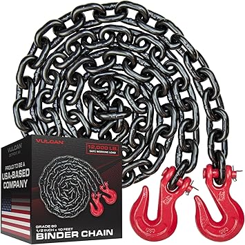 VULCAN Binder/Safety Chain Tie Down with Grab Hooks - Grade 80-1/2 Inch x 10 Foot - 12,000 Pound Safe Working Load