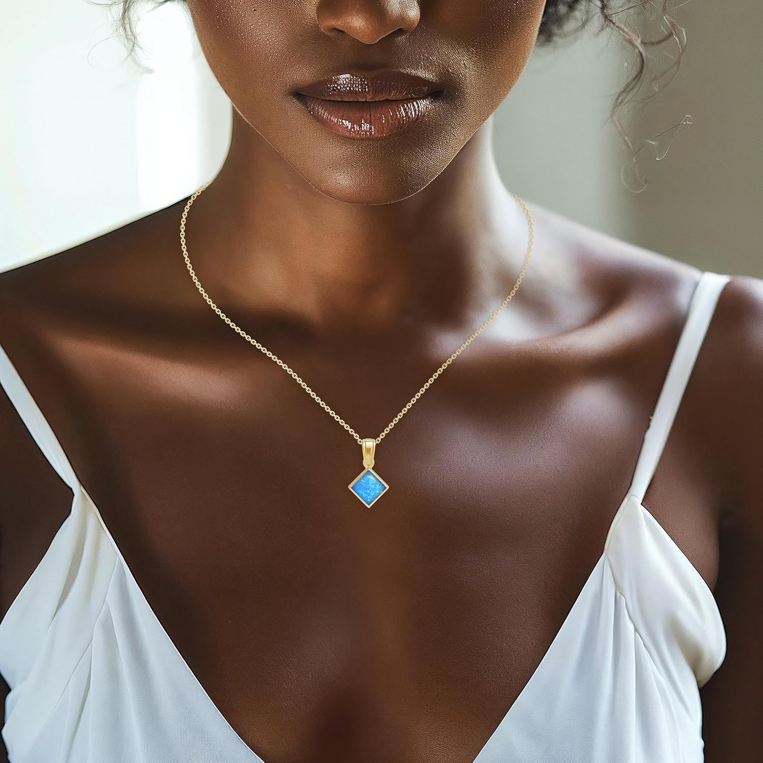 14K Gold Plated Pendant Blue Opal Necklace - 6x6mm Square October Birthstone - 45cm Gold Plated Silver Cable Chain - Opal Jewelry for Women - Ideal Gift for Loved Ones - Image 3