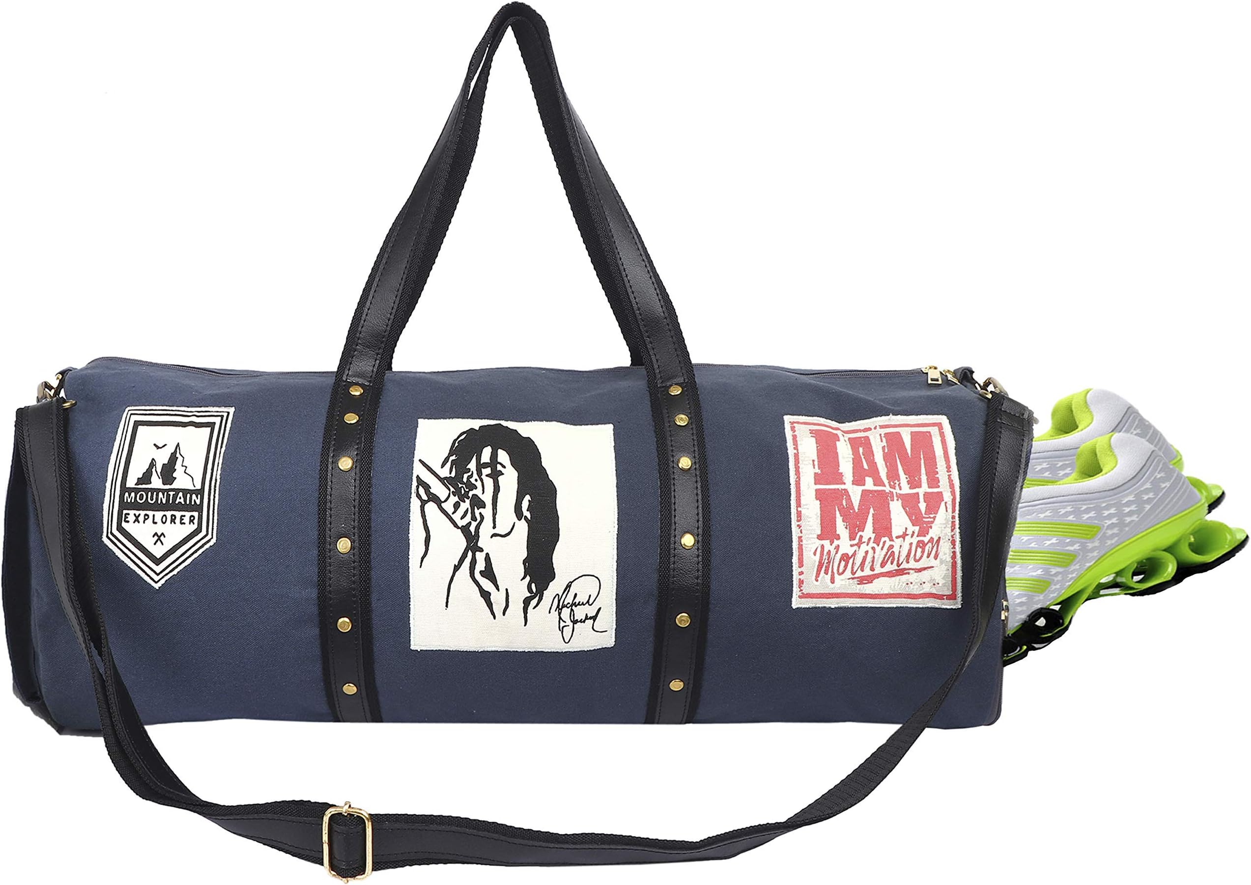 Heavy Duty Canvas Duffle Bag Gym Bag Travel Bag with Shoe Compartment and Trendy Patches for Men and Women(Prussian Blue)