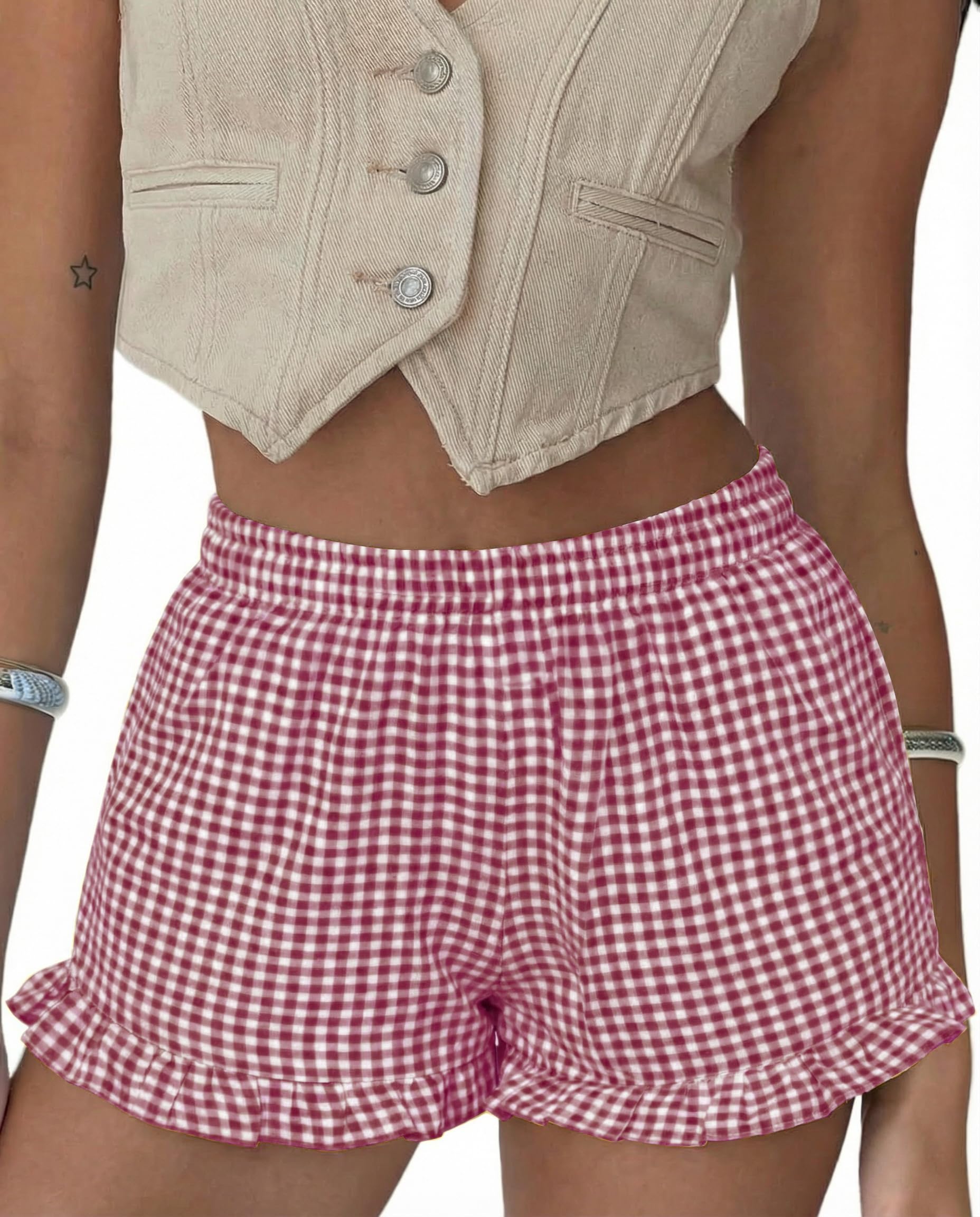 Boxer Shorts Gingham Shorts Y2K Beach Bottoms | Plaid Shorts Y2K Pajama Bottoms Two Pockets