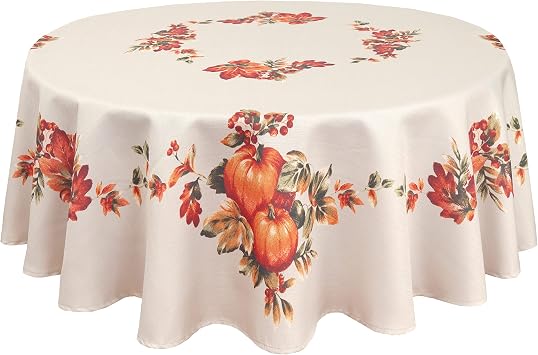 Lintex Thanksgiving Traditions Autumn Harvest Fabric Tablecloth, 70 Inch Round, Pumpkin Patch and Fall Leaves Border, Easy Care Thanksgiving Table Cover