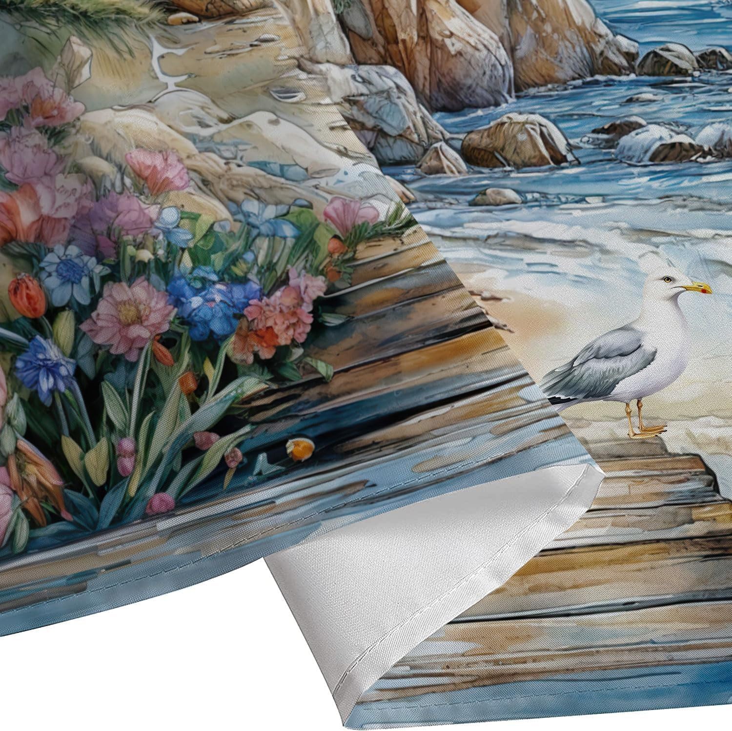 Nautical Coastal Lighthouse Shower Curtain, Boho Ocean Beach Lighthouse Seascape Beachy Abstract Shower Curtain Set, Seasides Sailboat Seagull Fabric Shower Curtain for Bathroom 12 Hooks, 72"×84" Blue