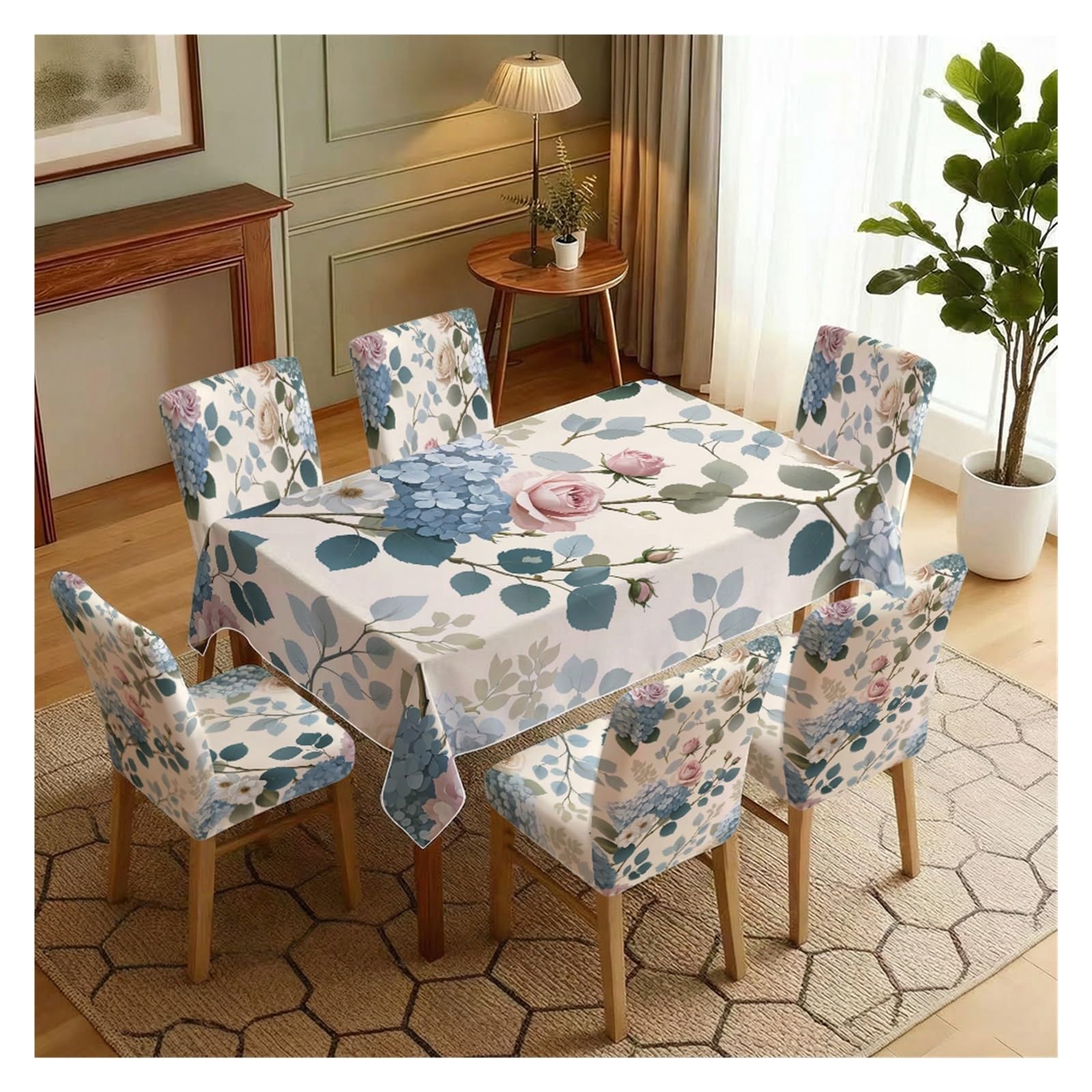 BOSUYBN Soft Blue Hydrangea & Pink Rose Dining Tablecloth & Chair Covers Set, 5/7 Piece Gentle Pastel Floral Dining Decor Table Setting(7pcs Set: Tablecloth+Chair Covers)