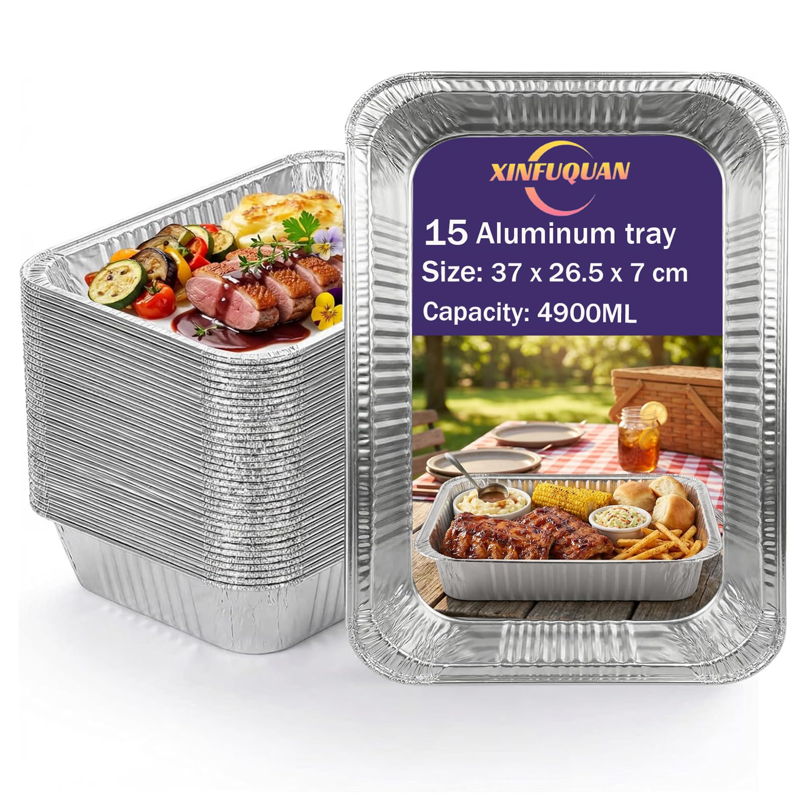 15 Piezas Bandejas Aluminio Grandes 4900ml,37x26.5x7cm- Bandejas para Hornear de Papel de Aluminio Cuadradas para Horno, Asar, Vocinar