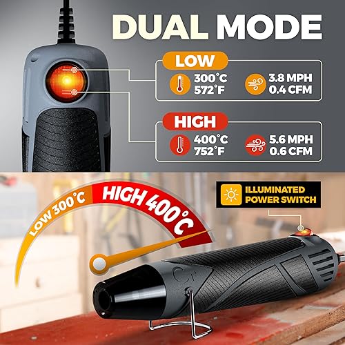 Miniatura 4 de Pistola de calor para manualidades, mini pistola de aire caliente de doble temperatura para resina epoxi, envoltura retráctil, envoltura de vinilo,