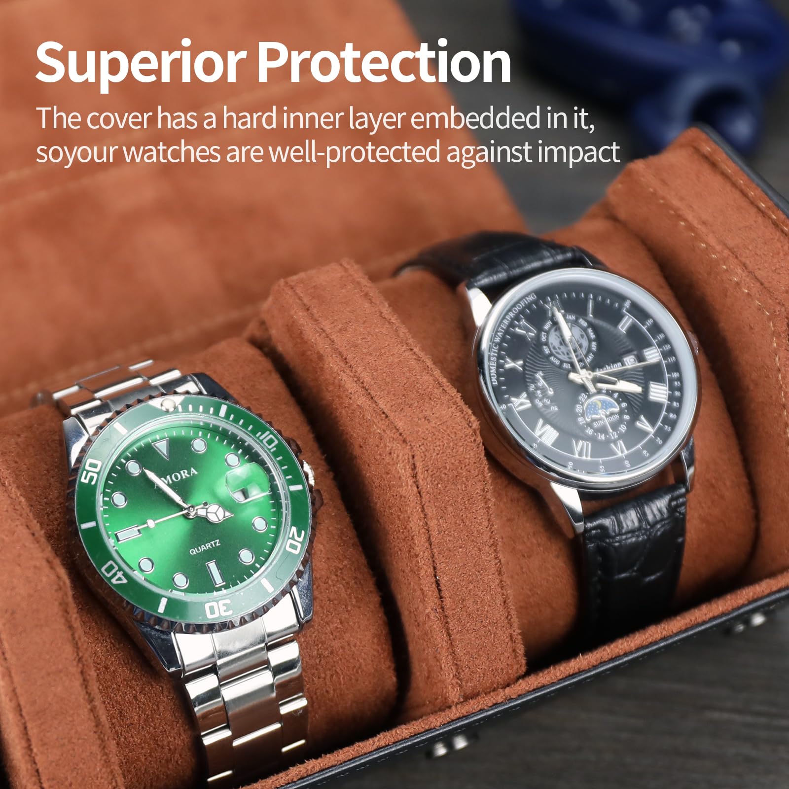 Estuche enrollable de reloj para hombres y mujeres, caja organizadora de relojes con 3 ranuras, almacenamiento hexagonal para 3 relojes, estuche portátil de viaje de piel sintética (negro | Caja de reloj de viaje portátil para reloj de 3, caja de reloj de