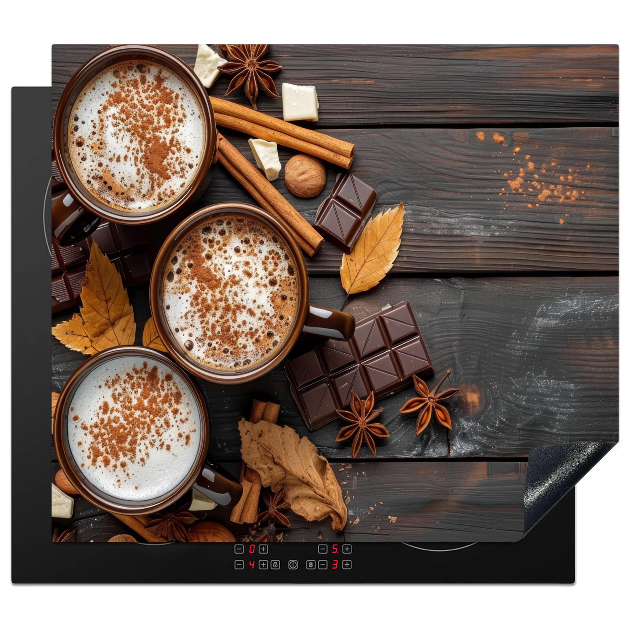 KitchenYeah© Induction Hob Cover Protector Mat 20.2"x22.9" / 58.3x51.3 cm Kitchen Universal Ceramic Covers for Electric Cookers Vinyl Chocolate - Autumn - Leaves - Wood Print - Still Life