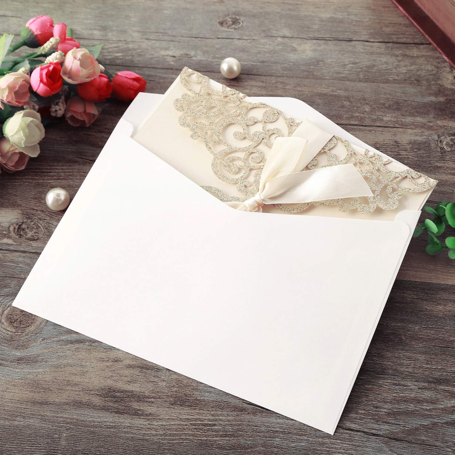 Hosmsua 20pcs taglio Laser inviti di nozze, Champagne inviti da matrimonio carta con Nastro Pizzo Flora Design per la festa di compleanno di festa di compleanno inviti di nozze (20pcs)