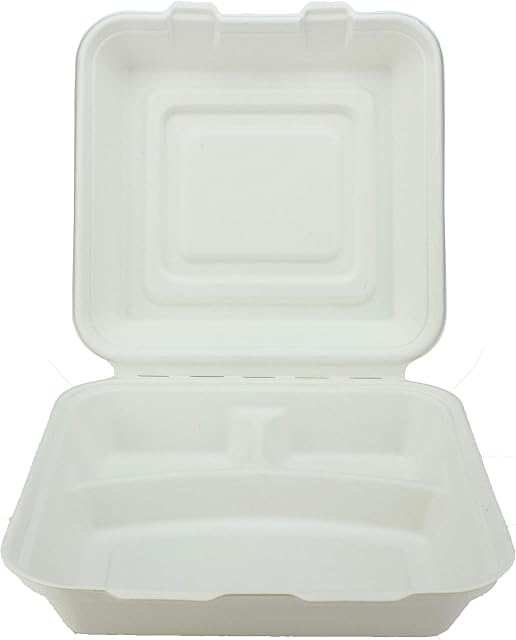 Signature Bagasse 3 Compartment Menu Box - 225 x 245 x 80mm - Set of 50 - Super Rigid Biodegradable, Compostable, and Recyclable Disposable Menu Boxes - Made from Natural Sugar Cane Pulp