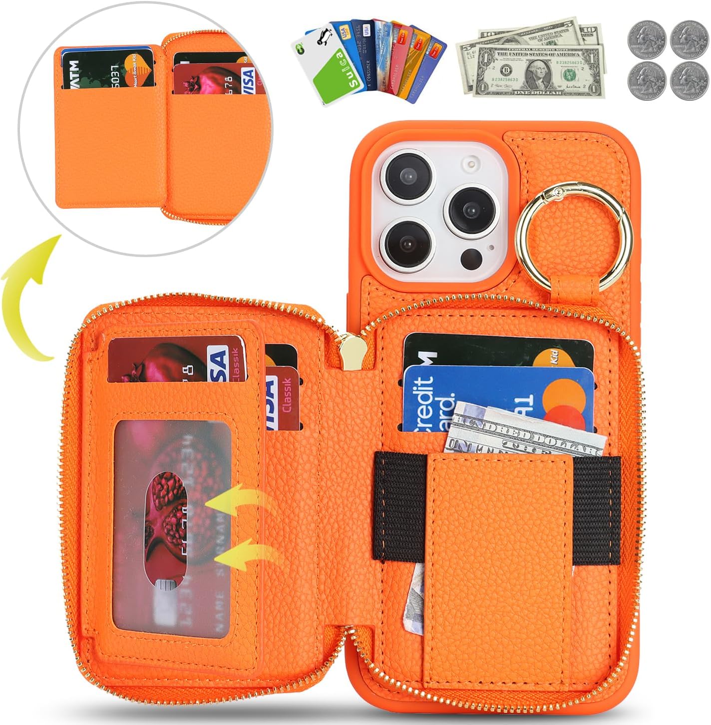 Compatible with iPhone 14 pro max Wallet Case with Card Holder,for iPhone 14 pro max Phone case Wallet with Zipper with Slot Kickstand Stand Case for Women 5G 6.7 Inch-Orange