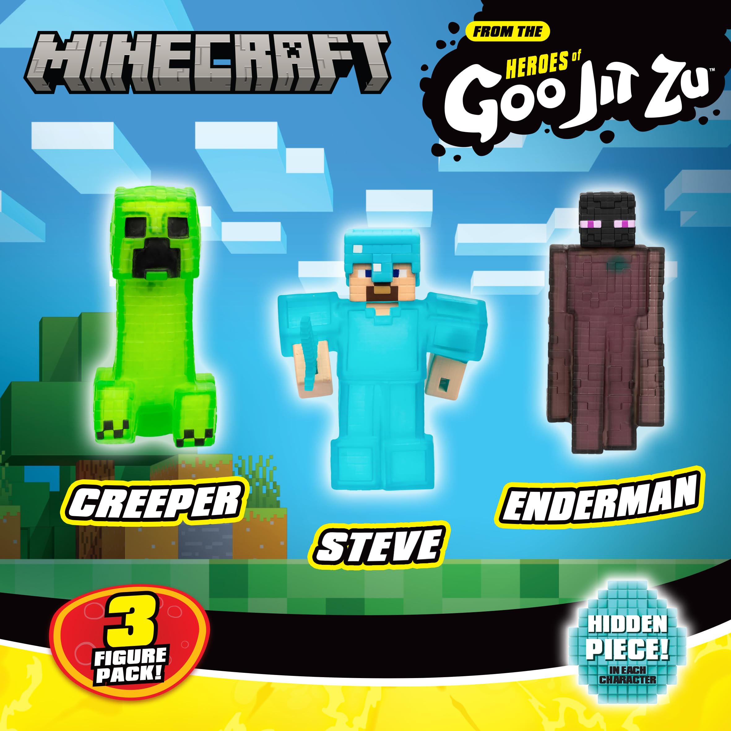 Heroes of Goo Jit Zu Paquete de 3 figuras de acción de Minecraft - Creeper, Steve, Enderman, figuras de juguete elásticas y flexibles para fanáticos de Minecraft de más de 4 años.